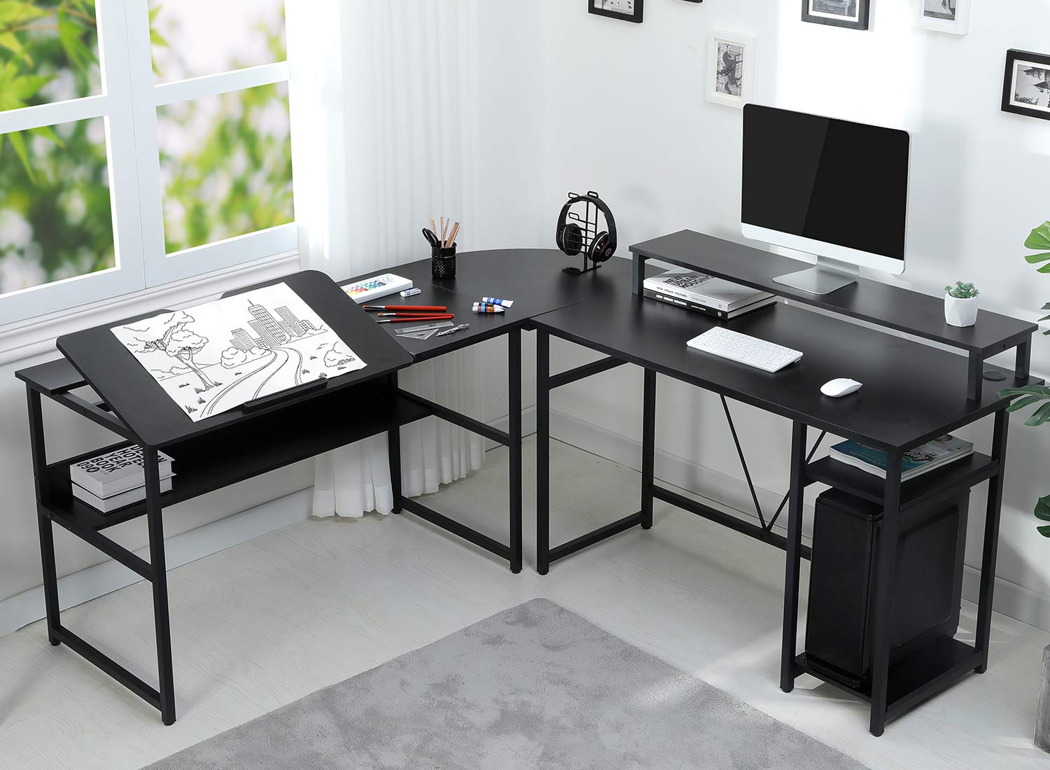 Buy Sedeta L Shaped Computer Desk with Hutch, Drafting Drawing Table