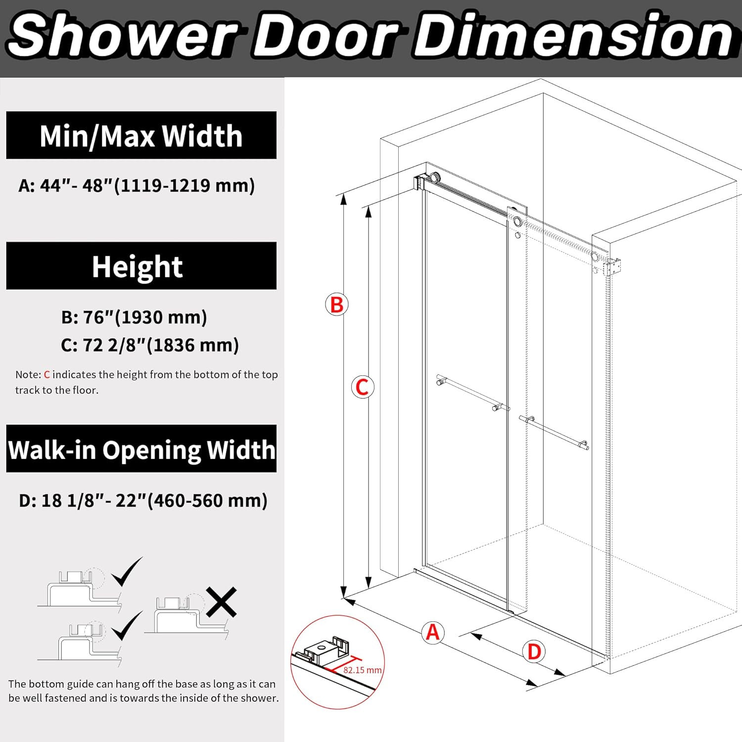 Diagram illustrating shower door dimensions: width, height, and walk-in opening
