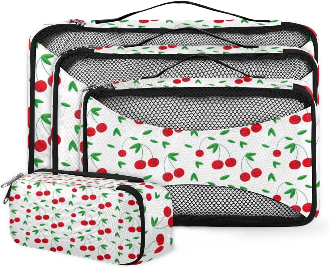 Red Cherry Pattern 4 Piece Packing Travel Organizer Cubes Set Mesh Fabric Ventilate Design Lightweight Travel Accessories 4 Sizes (Extra Large, Large, Medium, Small)