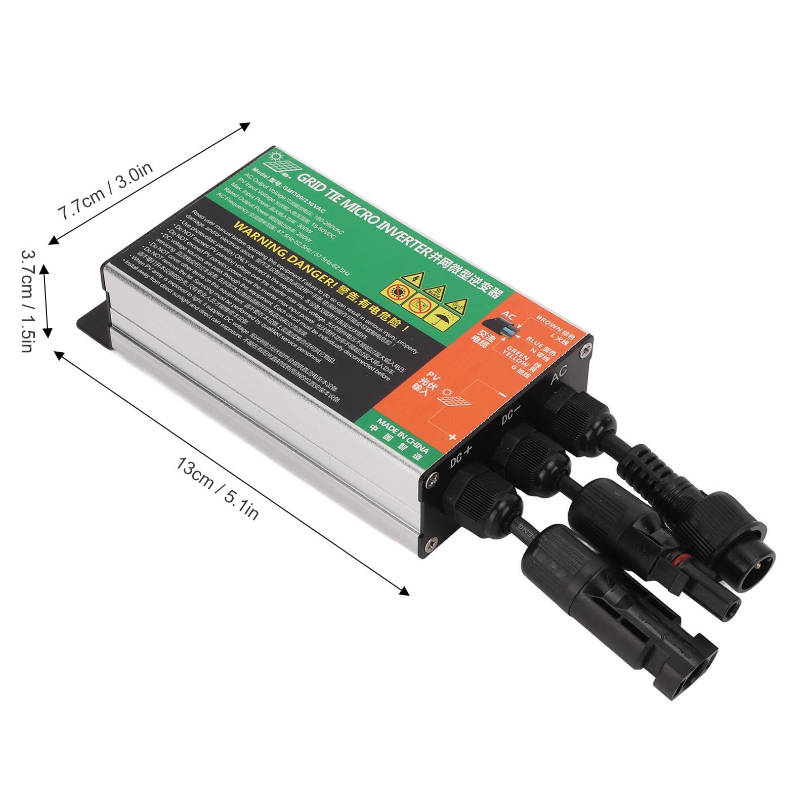 Solar-Mikro-Wechselrichter, 300 W, Wasserdichter MPPT-Grid-Tie-Mikro-Wechselrichter für Kleine Solarsysteme, Aluminiumlegierung, 5,1 X 3,0 X 1,5 Zoll,21 A-230 V AC-Ausgang, Schutzart IP55 –