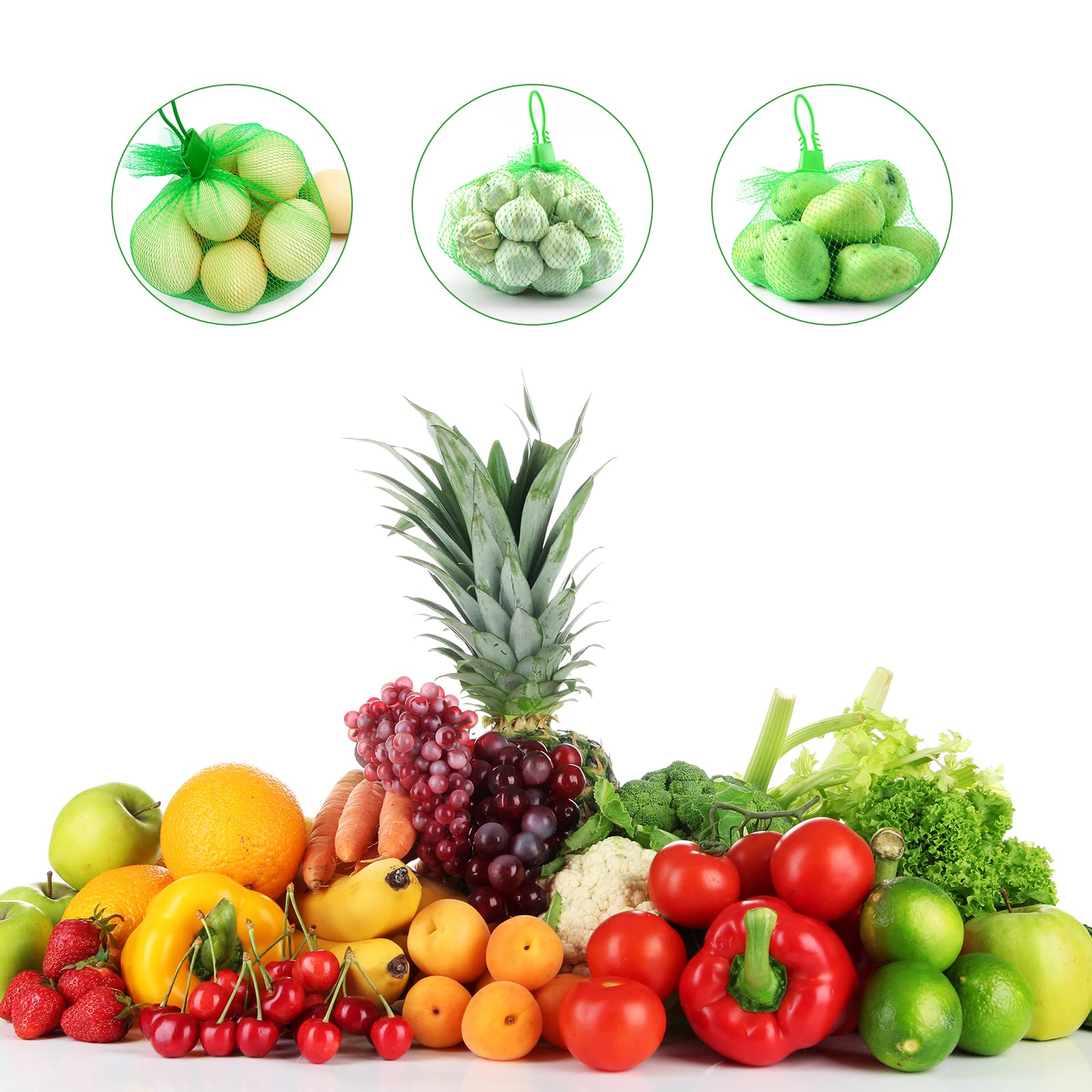 Lot de 100 sacs en filet réutilisables pour ranger les œufs, fruits et noix, vert