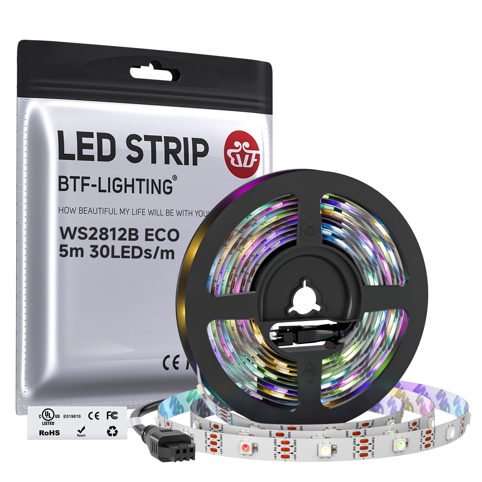 BTF-LIGHTING WS2812B IC RGB LED Strip,UL Listed,DC5V 16.4FT 150LED IP30