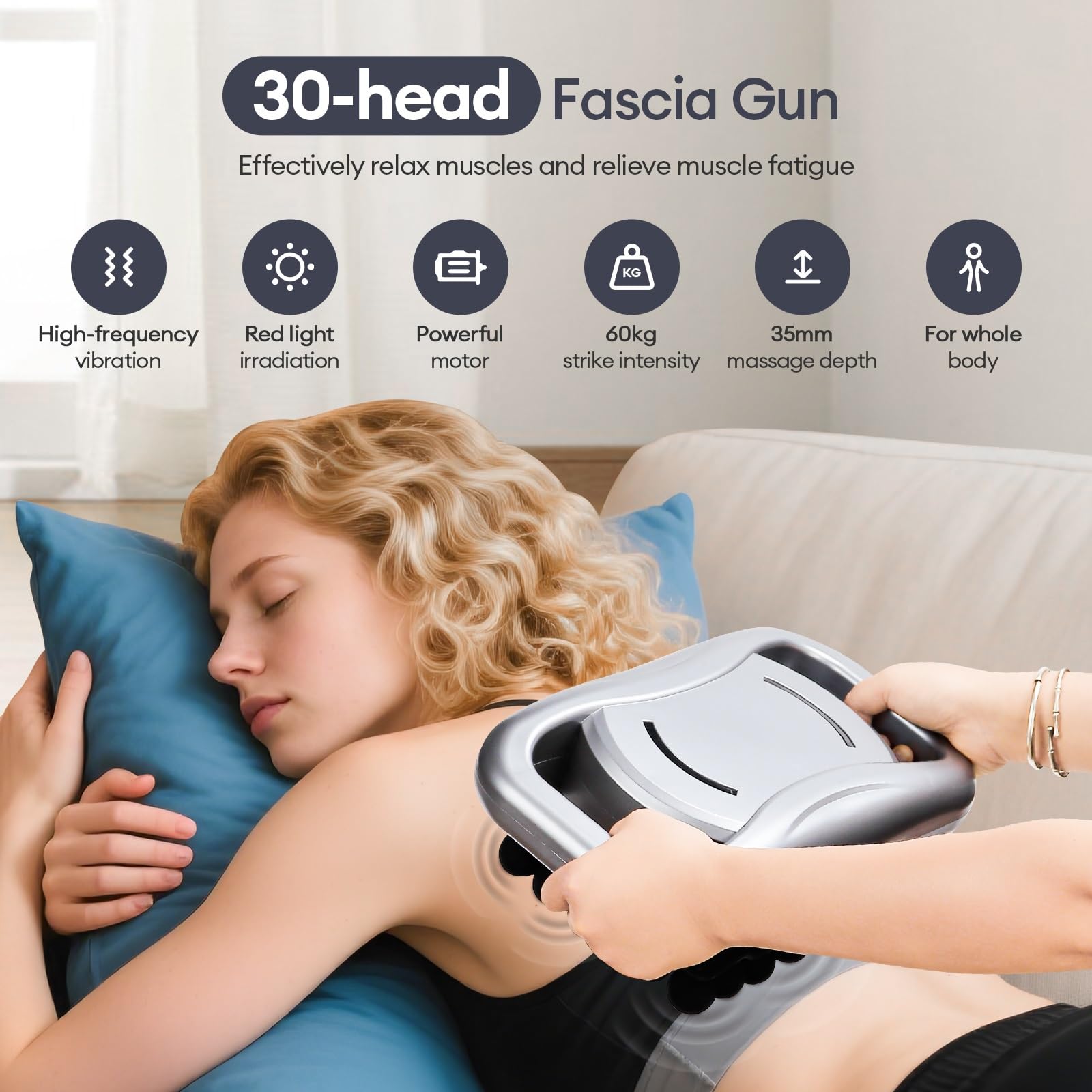 Pistola de masaje de 30 cabezales con 3 modos de masaje y 30 velocidades ajustables | Masajeador de tejido profundo con luz roja para espalda, hombros, piernas, pies y dolor muscular corporal