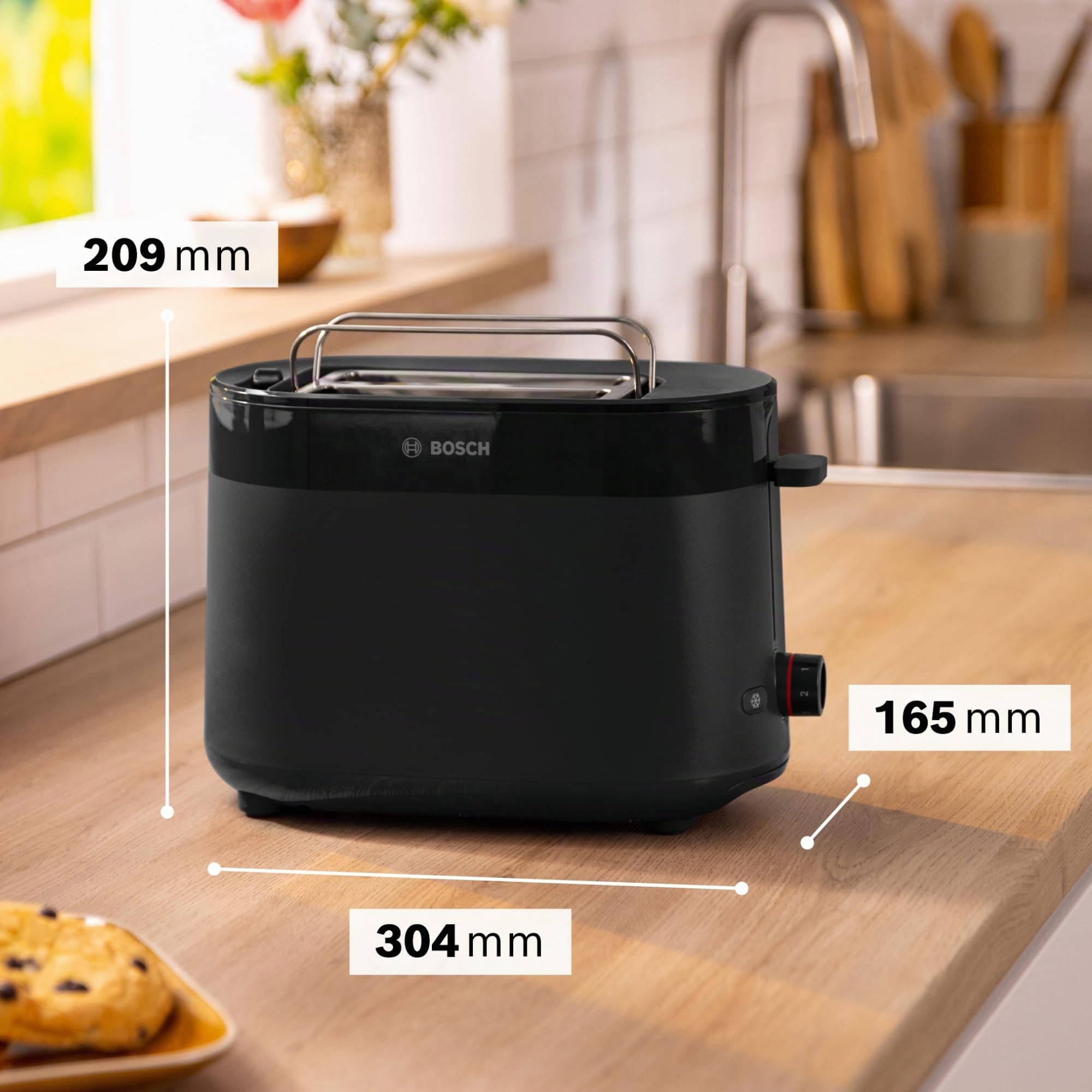 Bosch MyMoment TAT2M123 - Tostapane compatto, con funzione di scongelamento, con funzione di scongelamento, funzione di sollevamento, centraggio del pane, perfetto per 2 fette, 800 Watt, nero opaco