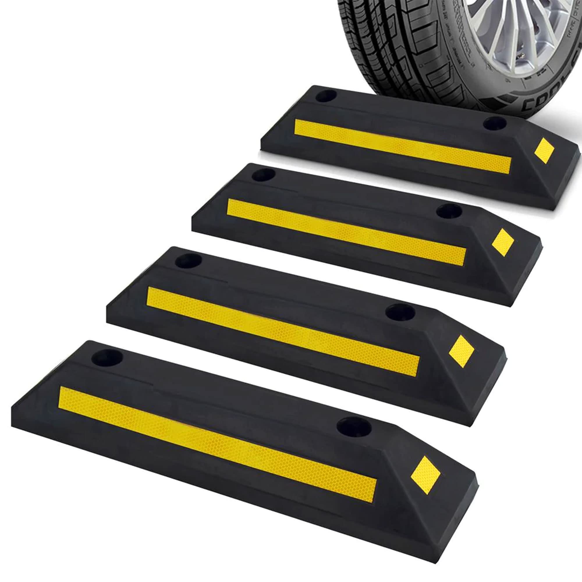 pyle curb garage vehicle floor safety heavy duty rubber parking lot driveway stopper, for car vans trucks tire wheel guide block protect bumper, 4 pack pcrstp11x4, multicolored