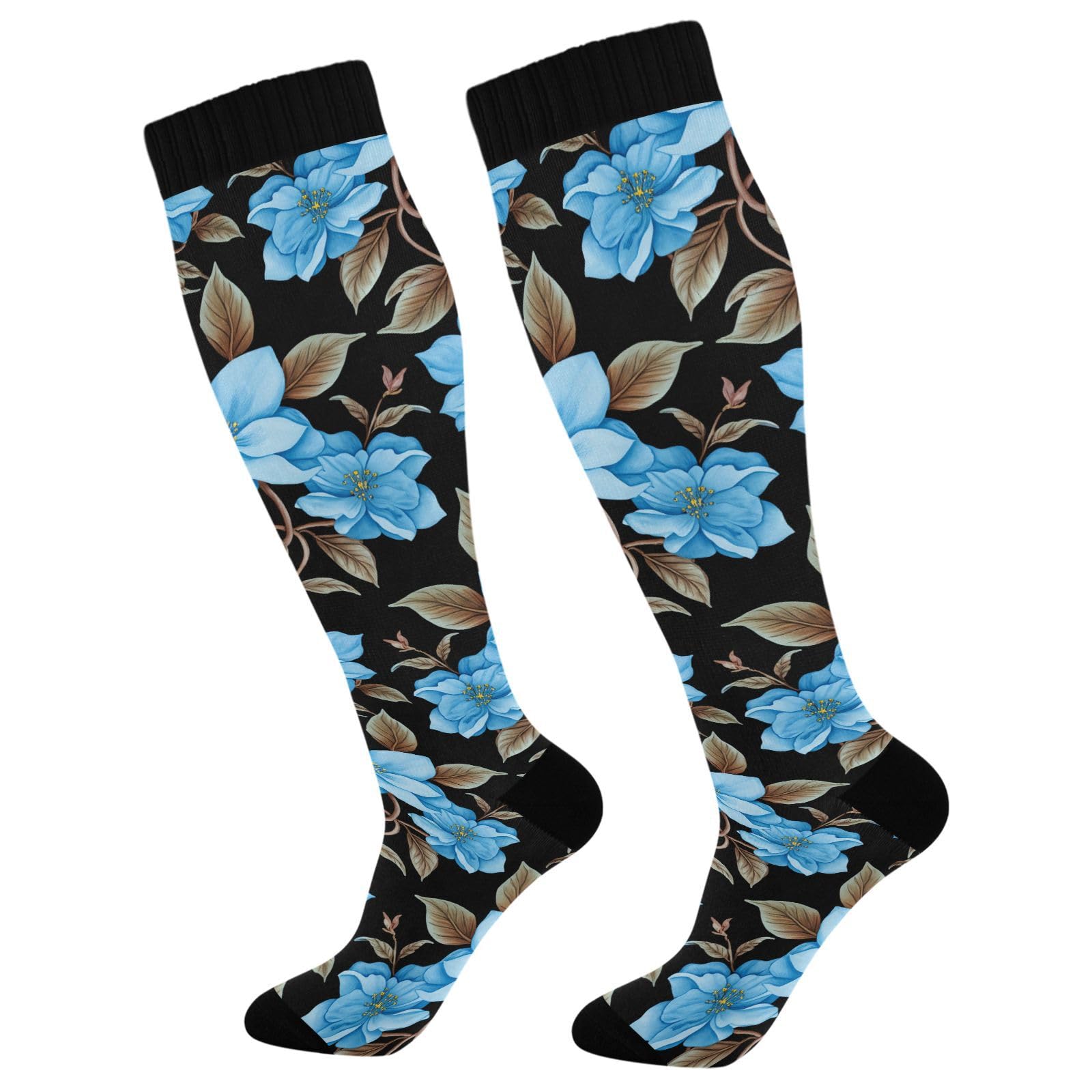Wassud Light Blue Flowers Compression Socks for Women and Men 20-30 mmHg Knee High Socks for Nurses Travel Socks 2 Pair