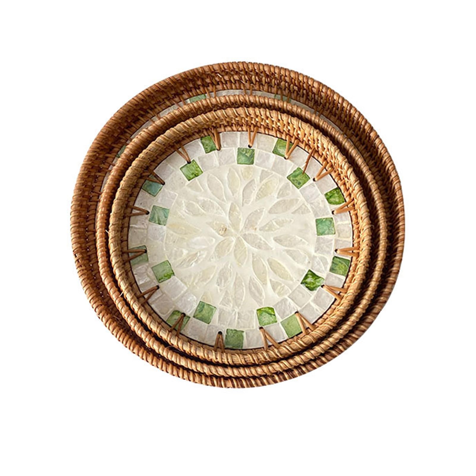 RUDHSJNJK 3 Packs Round Rattan Tray with Mother of Pearl Inlay Decorative Woven Serving Tray for Bread Fruit Food Coffee Breakfast,4