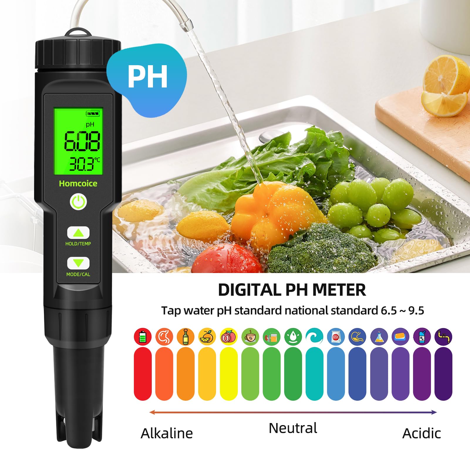 Medidor PH 5 en 1 Salinidad TDS EC Temperatura, Test pH Piscina resistencia al agua IP67, pH Meter Digital 0.01 de alta precisión phmetro con función ATC