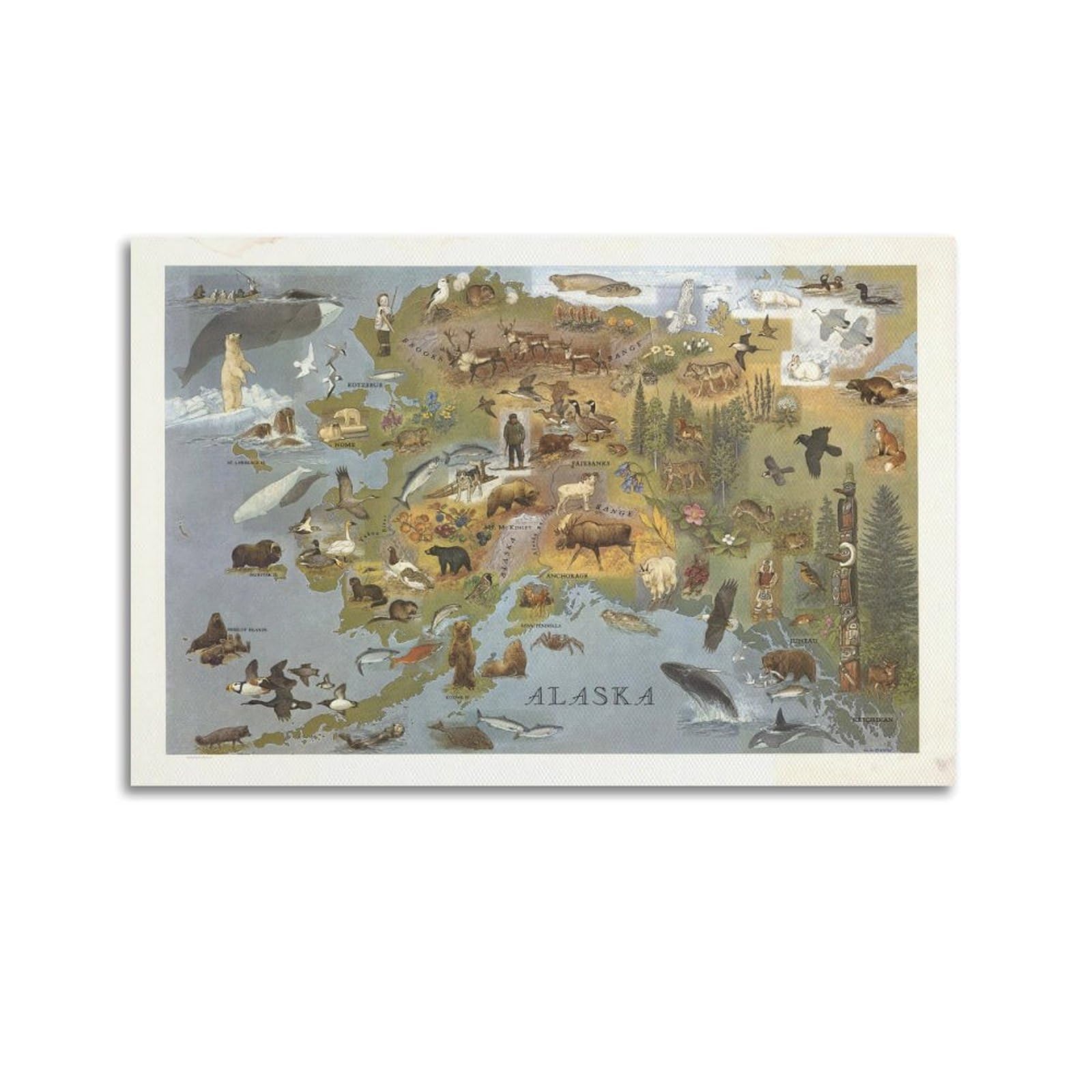 OKAHYS Vintage Travel Poster 1967 Alaska Flora And Fauna Map Decorative Painting Canvas Wall Artworks Picture 20x30inch(50x75cm)