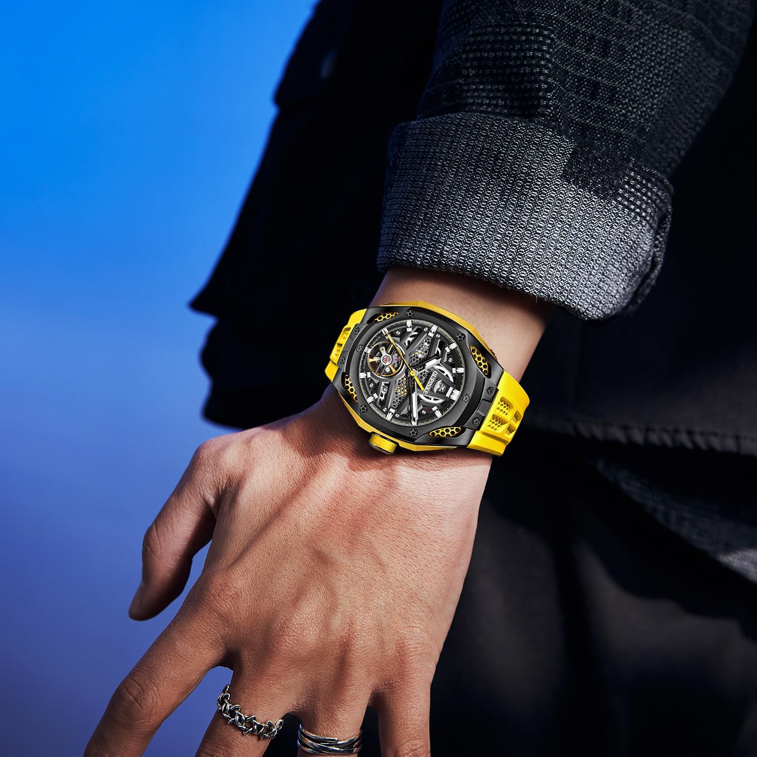 OUPINKE Erkek Otomatik Saatleri, İskelet Tasarımlı, Su Geçirmez, Lüks Paslanmaz Çelik Spor Mekanik Otomatik Kurmalı Tourbillon Kol Saati