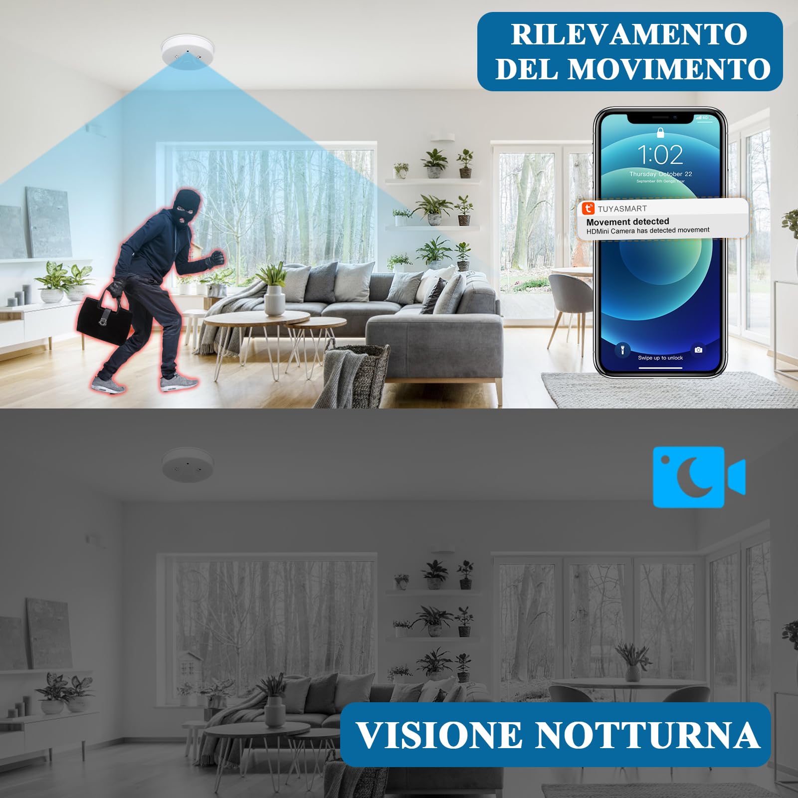 Telecamera Nascosta Wi-Fi a 2,4 e 5 GHz, Telecamera Nascosta Rilevatore di Fumo, Mini Telecamera Nascosta WiFi, Telecamera Spia Nascosta HD 1080P con Rilevamento del Movimento e Visione Notturna