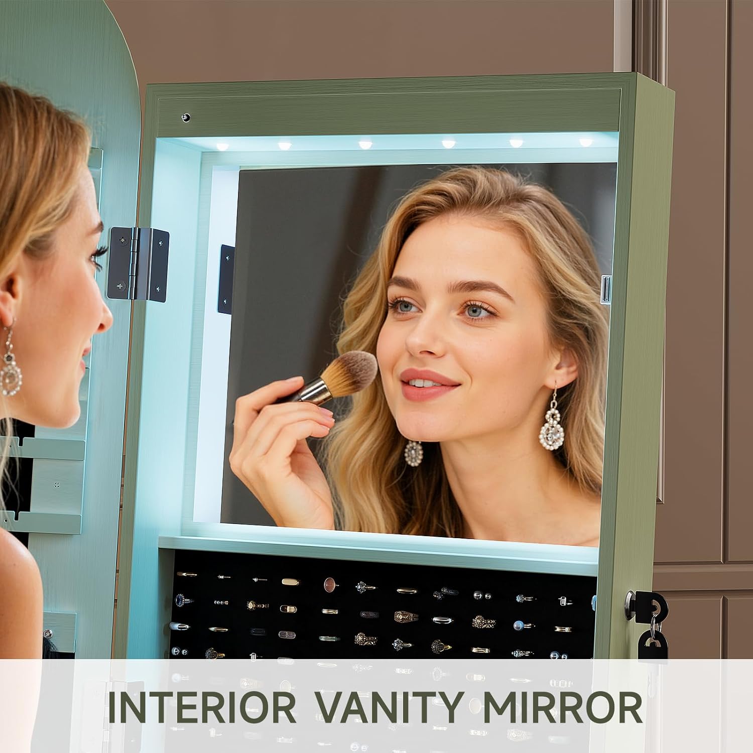 360° Swivel Jewelry Mirror Cabinet with Lights, Inside Makeup Mirror, Standing Jewelry Armoire Organizer, Rotatable Full-Length Mirror with Jewelry Storage, Lockable with Back Storage Shelves (Green) - Image 3