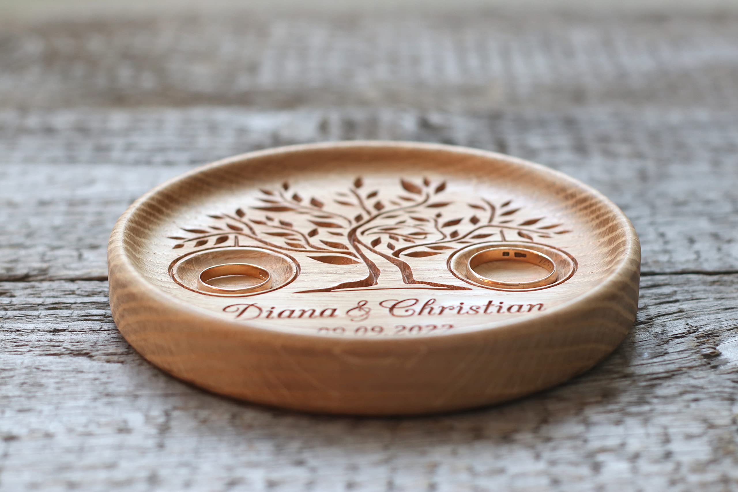 Coussin porte alliance en bois, Boîte de bague de mariage alternative gravés avec les noms et date, cadeau anniversaire mariage, Arbre De La Vie, Tree of Life.