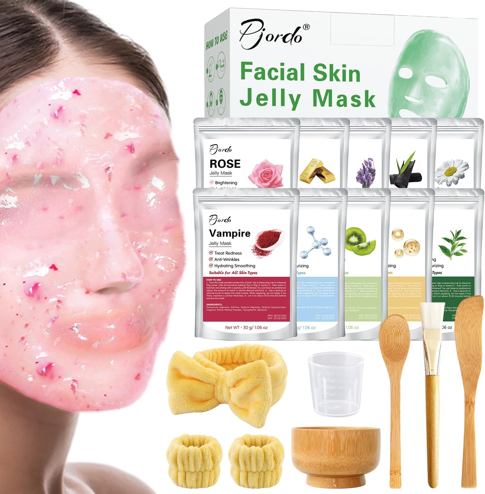 Pjordo Jelly Masks Set for Facials Professional Spa,10 Pack Jelly Mask Powder with Mixing Bowl Set, Peel Off Hydrojelly Mask for Hydrating, Nourishing & Soothing, Gifts for Women