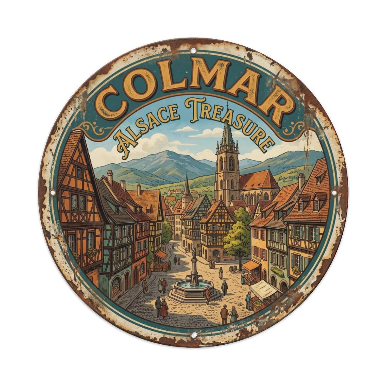 Vintage Travel Colmar Fairytale Village Metal Tin Sign Plaque Wall Decor for Cafe, Club, Garden Round Metal Poster 8x8Inch