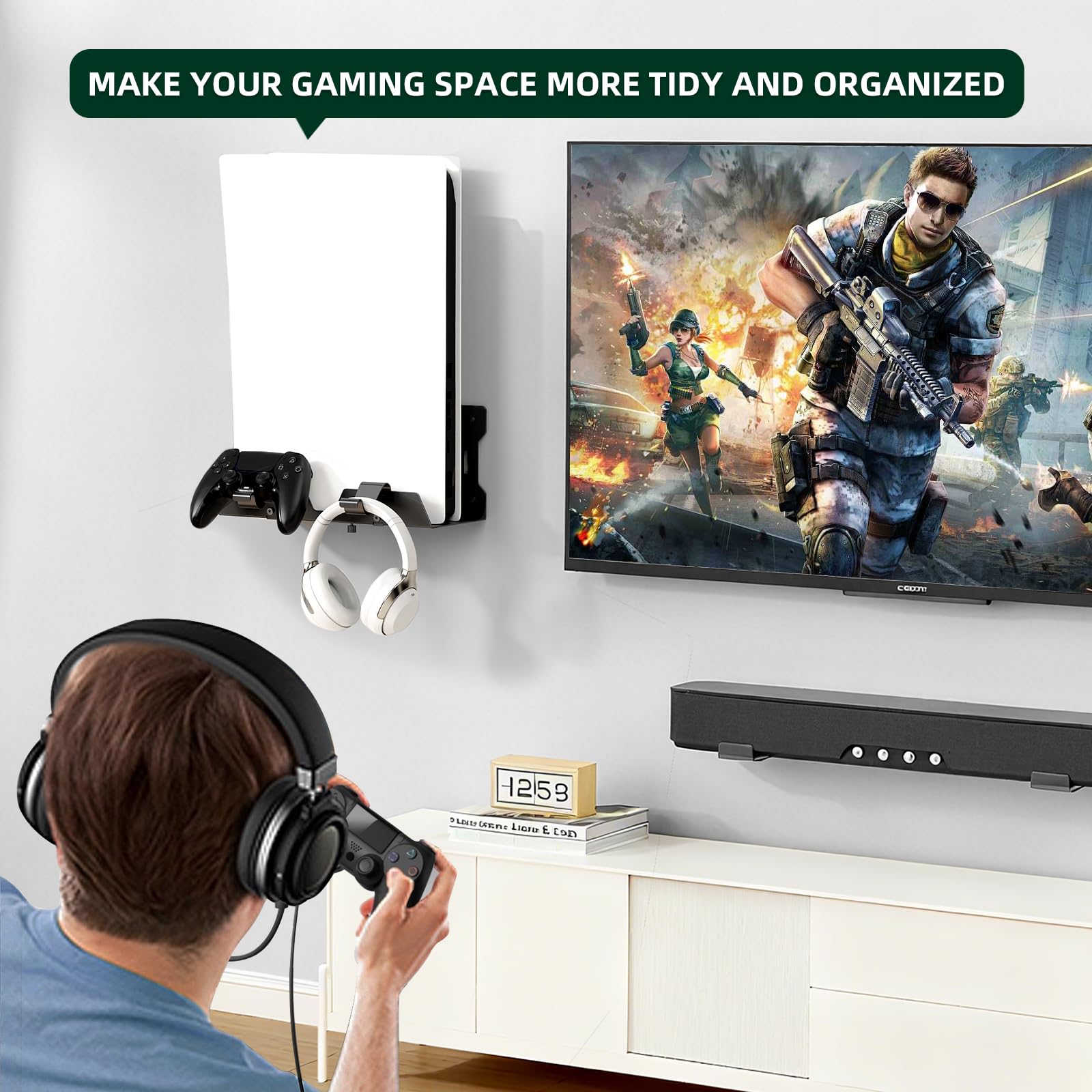 Uchwyt ścienny do serii Ps5 i Ps4, kompatybilny z Ps4 Original, Ps4 Slim/Pro, Playstation 5 Slim/Pro i Playstation 5 Digital Edition, może pomieścić dwa kontrolery (czarny)