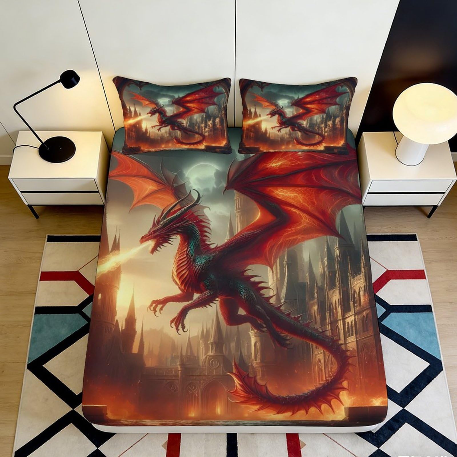 3D Printed Fire Dragon Fitted Sheet Microfiber Fantasy Castle Bed Cover for Bedroom Dorm Mattress Protection Decor 160x200x25cm