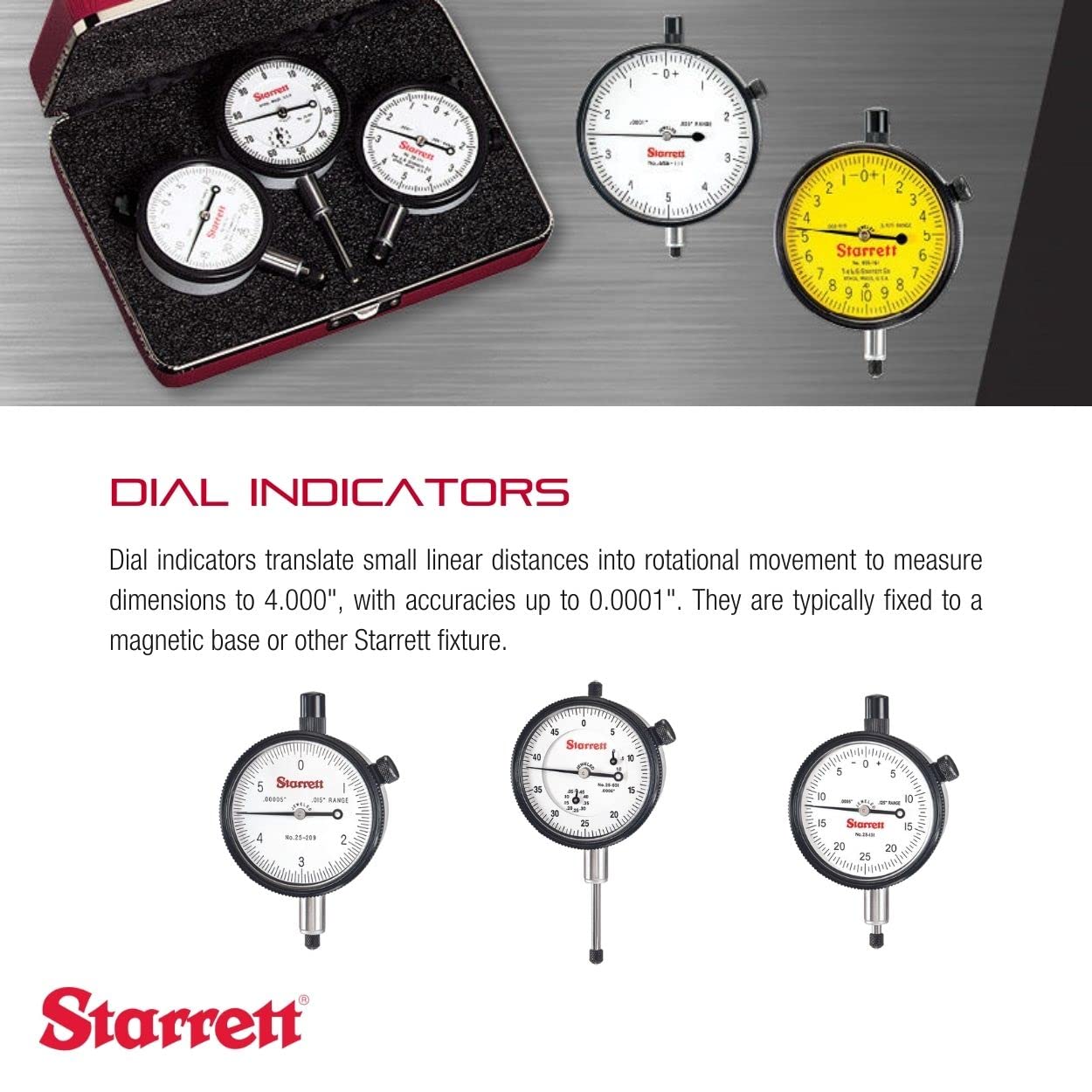 Starrett 25 Series Dial Indicator with Case Stem Cap, Jewel Bearings and Lug-On-Center Back - White Face, 0-1" Range, 0-100 Dial Reading, .001" Graduation - 25-441J WCSC