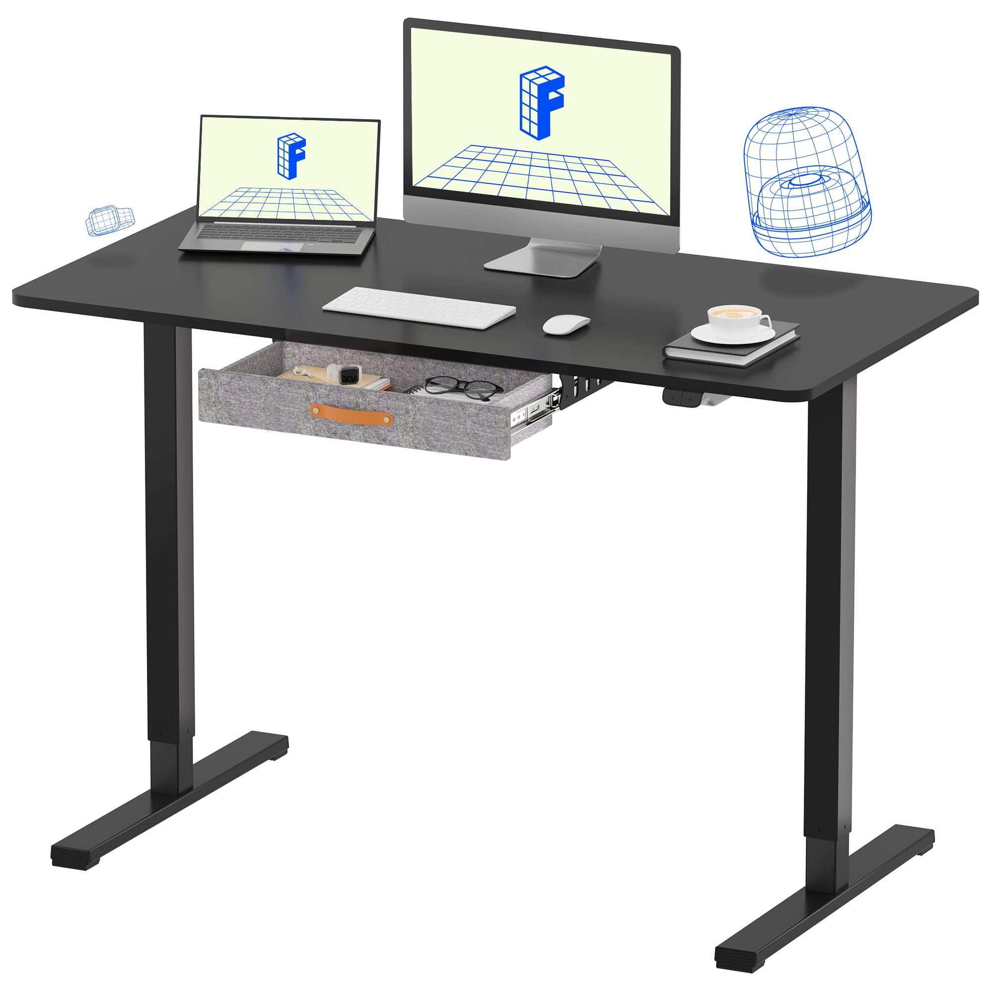 FLEXISPOT Standing Desk with Pull-Out Drawer Storage Height Adjustable Desk Whole-Piece Desktop Electric Stand up Desk Home Office Table for Computer Laptop (Black Frame + 48 in Black Desktop)