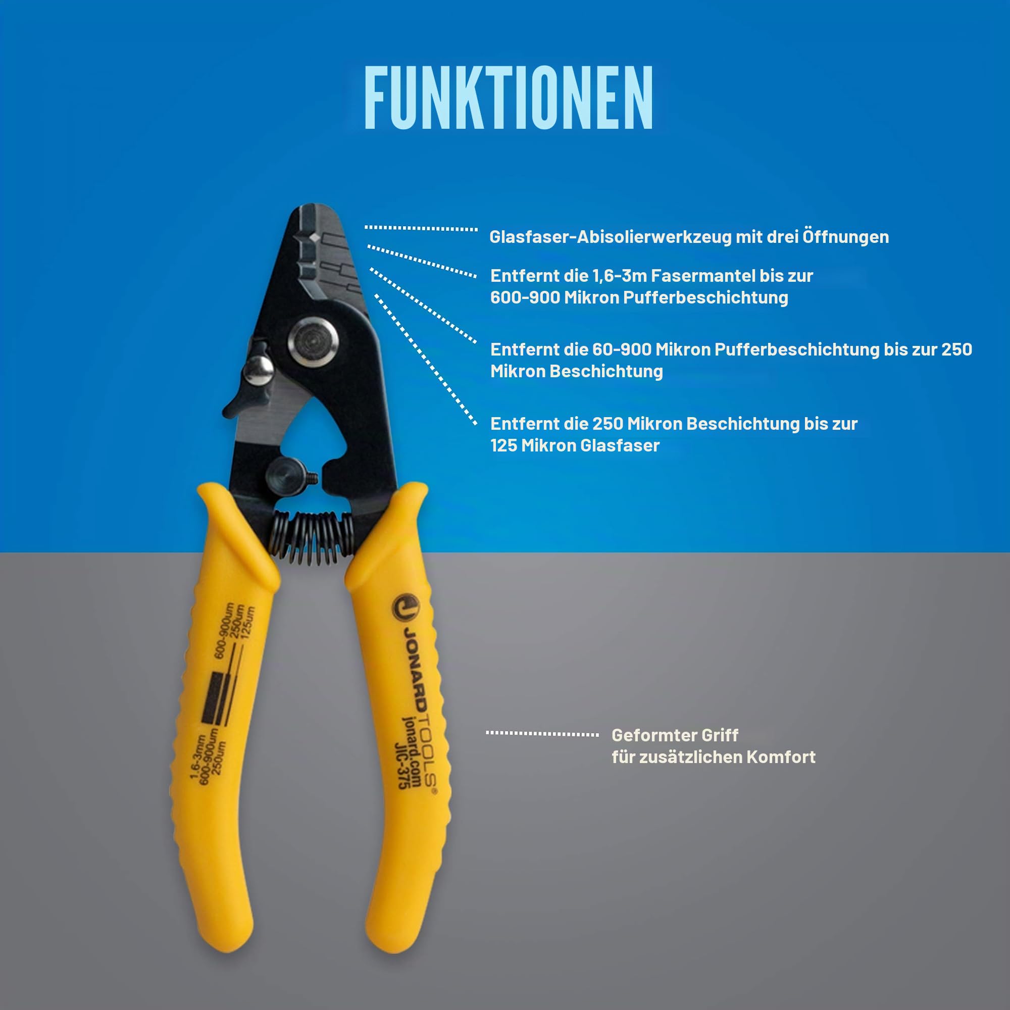 Jonard Tools JIC-375 Glasfaser-Abisolierzange 15,2 cm TPR-Griff 3 Löcher