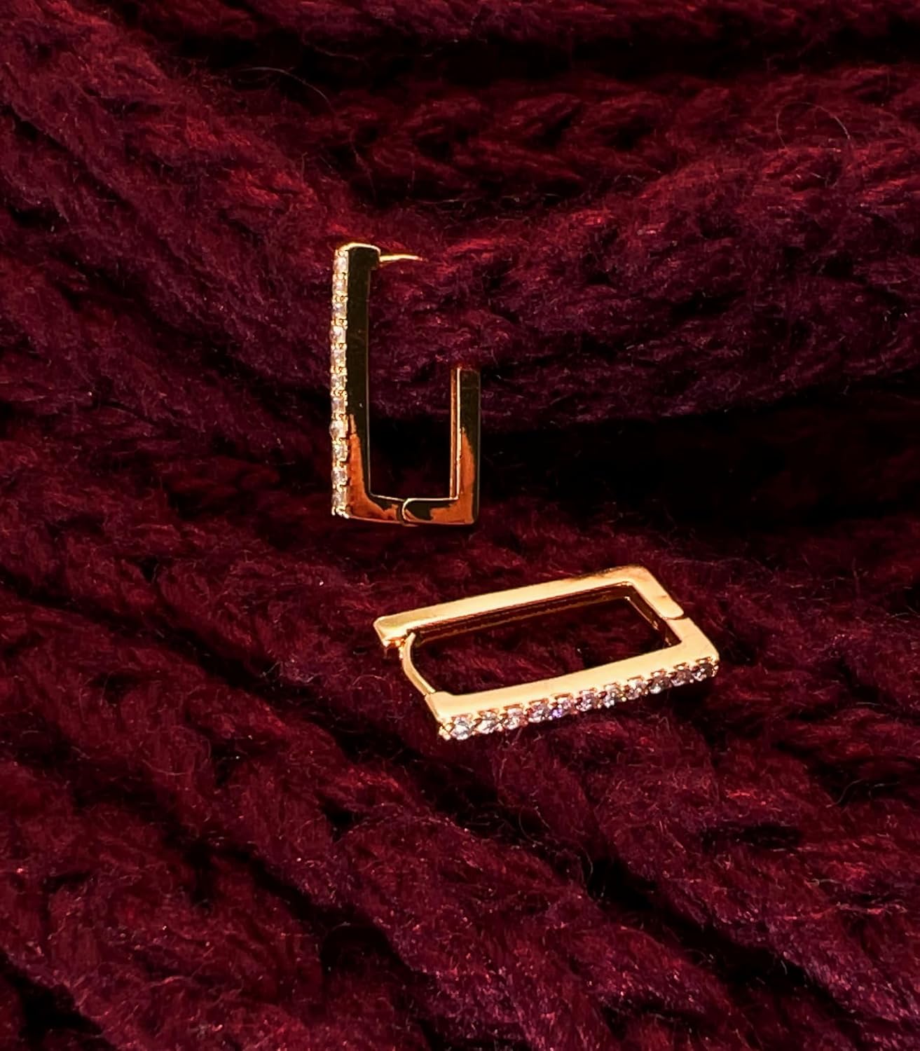 OZEL – Huggie Hoop Earrings with a Set of Cubic Zirconia Stones for Women – 14k Yellow Gold/White Gold Plated/Circular/Semi-circular/U-Shape/Round Square (Made in Korea) - Image 6