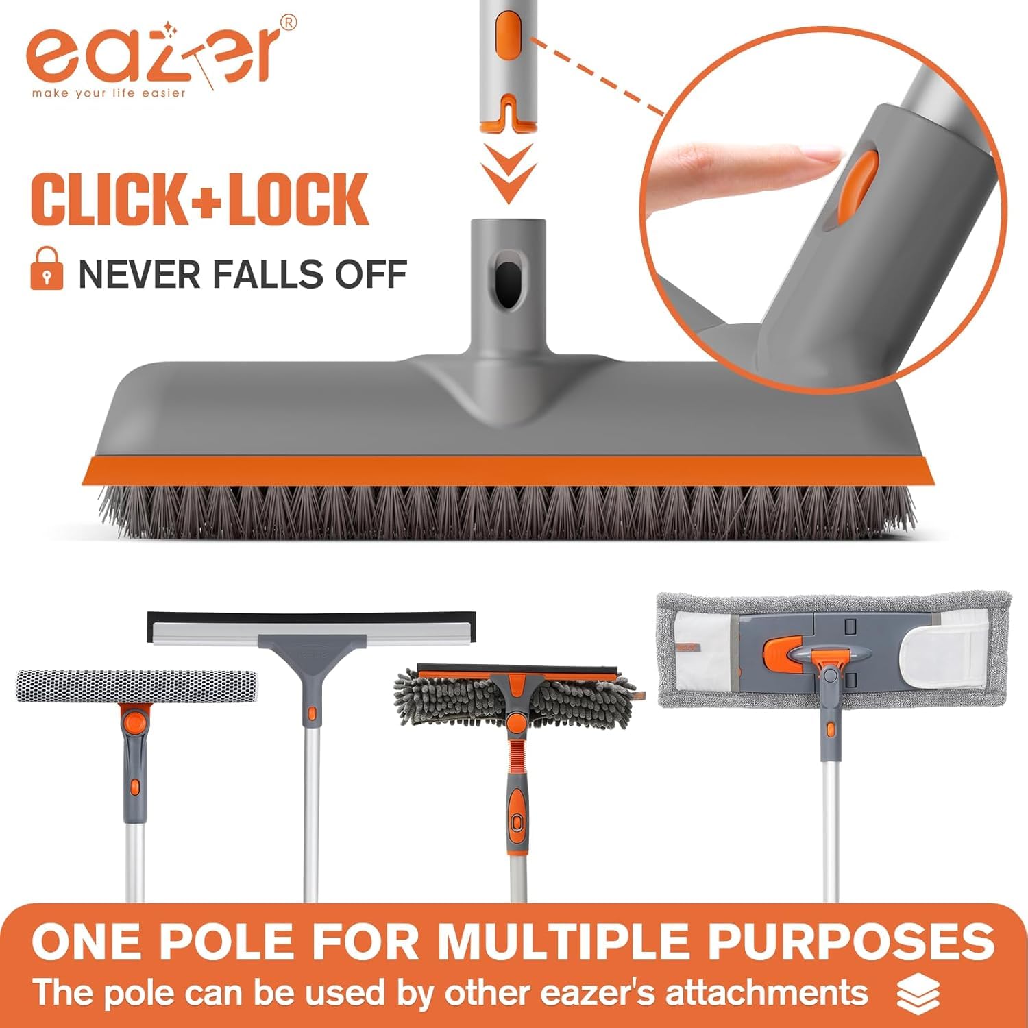 Eazer Cepillo de limpieza de suelo de 60 pulgadas, cepillo de limpieza 2 en 1 con mango largo, cepillo de cerdas suaves y duras para limpiar hormigón, escoba para piso, baño, cocina, pared, azulejos y