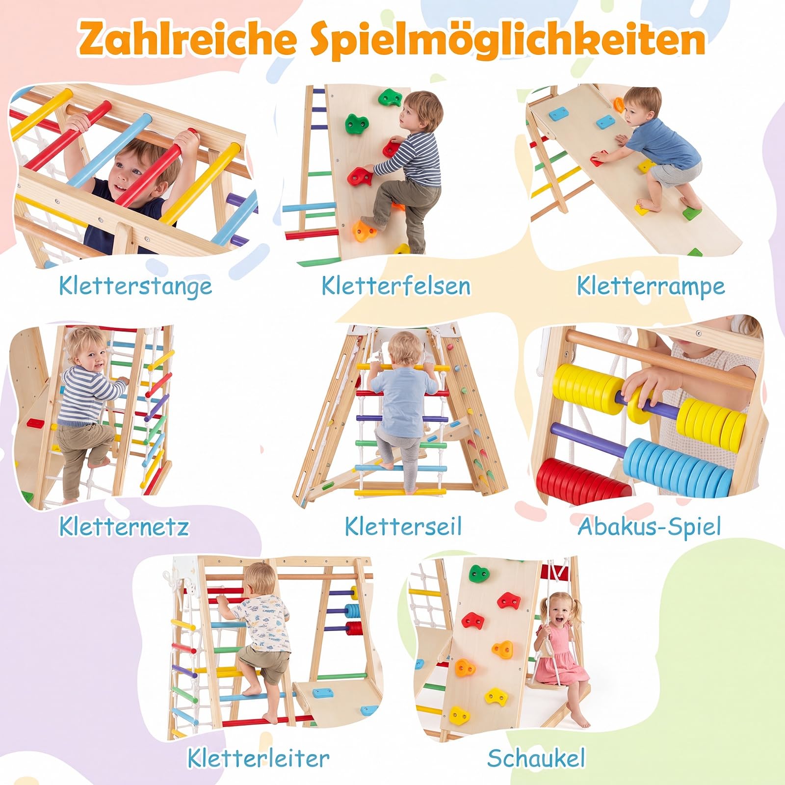 COSTWAY 8 in 1 Indoor Klettergerüst aus Holz für Kinder ab 3 Jahren (Bunt) | Klappbares Kletterspielzeug Set mit Hangelgerüst, Klettersteine, Kletterrampe, Kletternetz, Kletterseil, Leiter & Schaukel
