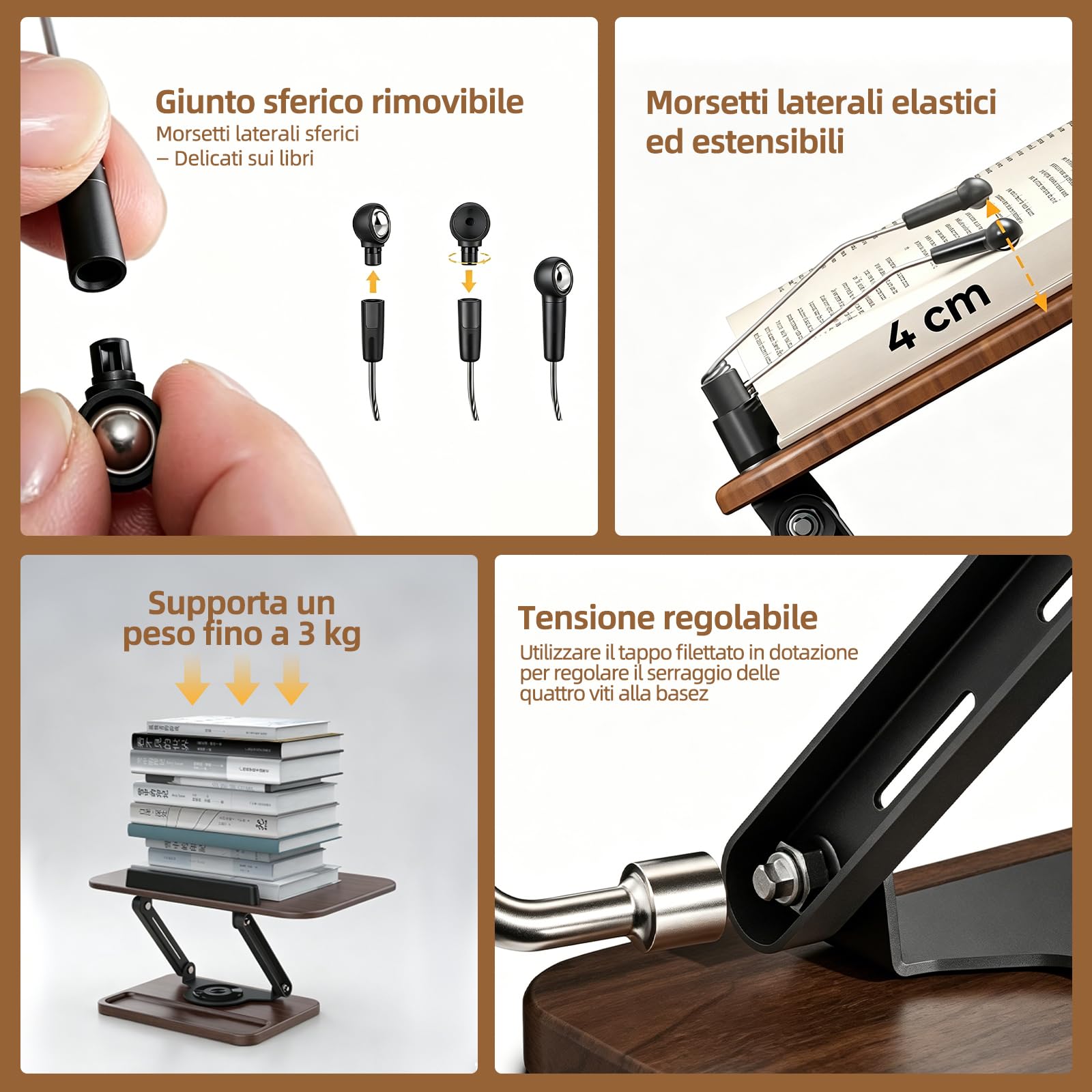 Leggio per lettura, supporto da lettura girevole a 360° e pieghevole, regolabile con clip laterale elastica a sfera e portapenne per libri, tablet, laptop (elegante legno)