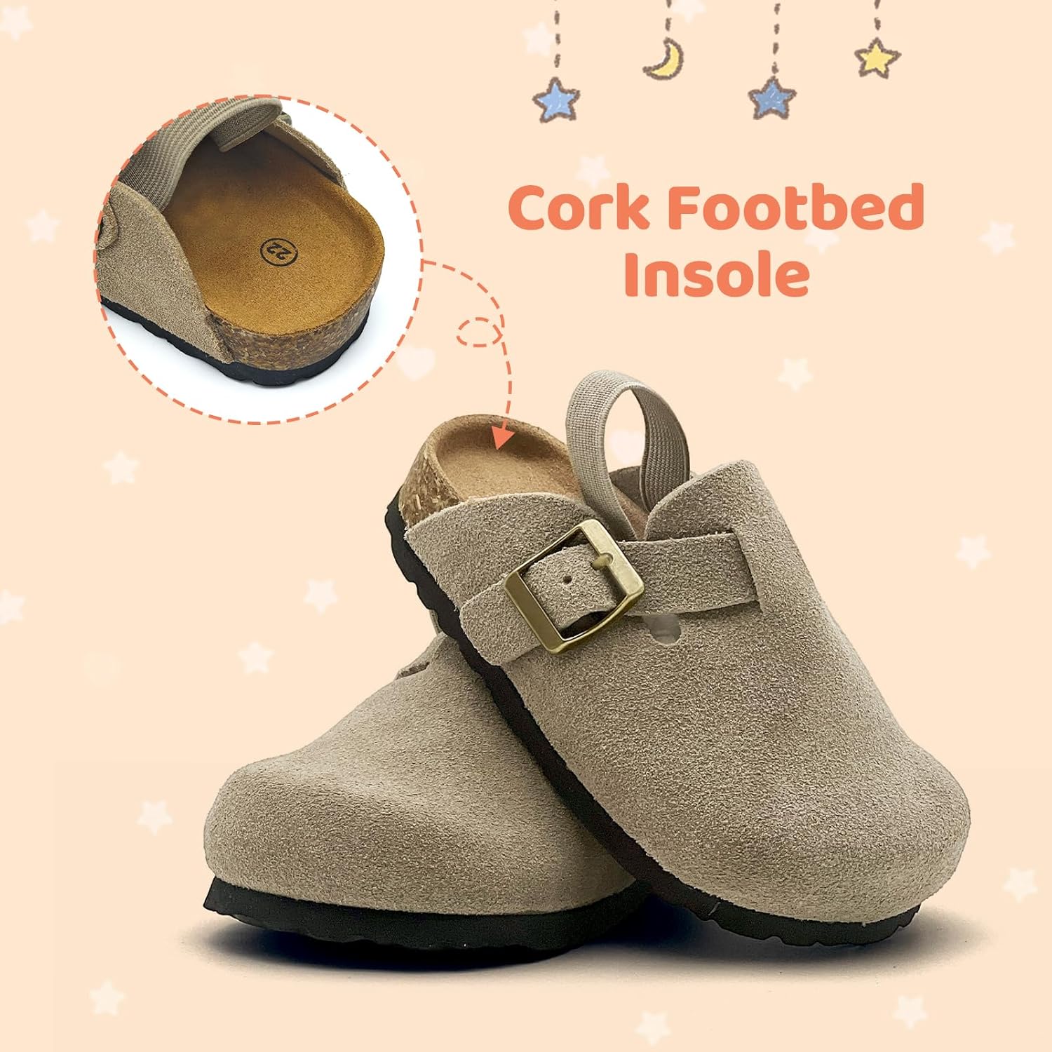 Toddler Clogs Kids Suede Clogs Boys Girls Cork Footbed Sandals Arch Support Resistant Leather Mules with Adjustable Buckle Classic Slip On Potato Shoes