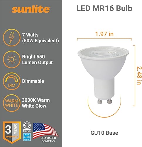 Miniatura 2 de Sunlite Foco reflector LED MR16 41653, 7 vatios (reemplazo de bombilla halógena de 50 W) 120 voltios, 550 lúmenes, haz de inundación de 35, base