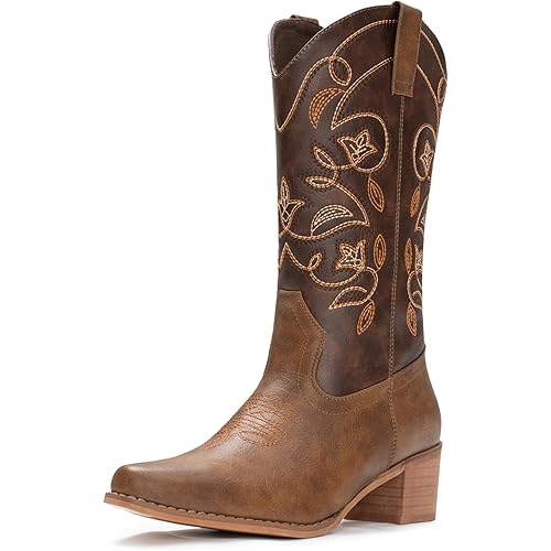 IUV Cowboy Boots For Women Pointy Toe Women's Western Boots Cowgirl Boots Mid Calf Boots