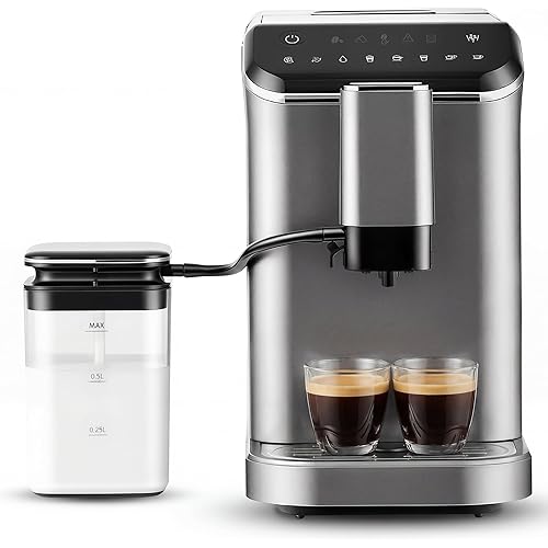EUHOMY Fully Automatic Espresso Machine, 20 Bar Coffee Maker with Grinder and Integrated Milk Frother, Automatic Espresso Machine with Touch Screen, 15-Grind Settings Coffee Machine for Home, Silver