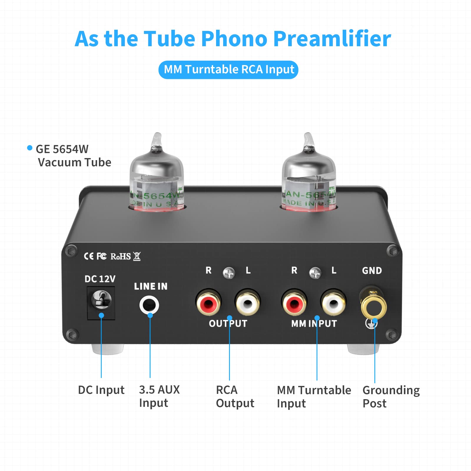 KEhtu Preamplificador De Fono, Preamplificador De Fonógrafo De Tocadiscos con Amplificador De Tubo De Vacío De 5654 W HiFi Box X4, Cuenta con Control De Volumen Y Control De Graves/Agudos