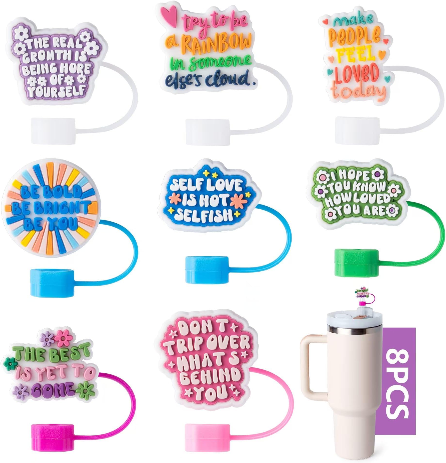 8-Piece Blessing series Straw Covers for Stanley Cup, 0.4in/10mm Diameter Straw Toppers Cap,Compatible with Stanley 20 30&40 0z Cup, Dust-Proof Straw Caps for Water Bottle