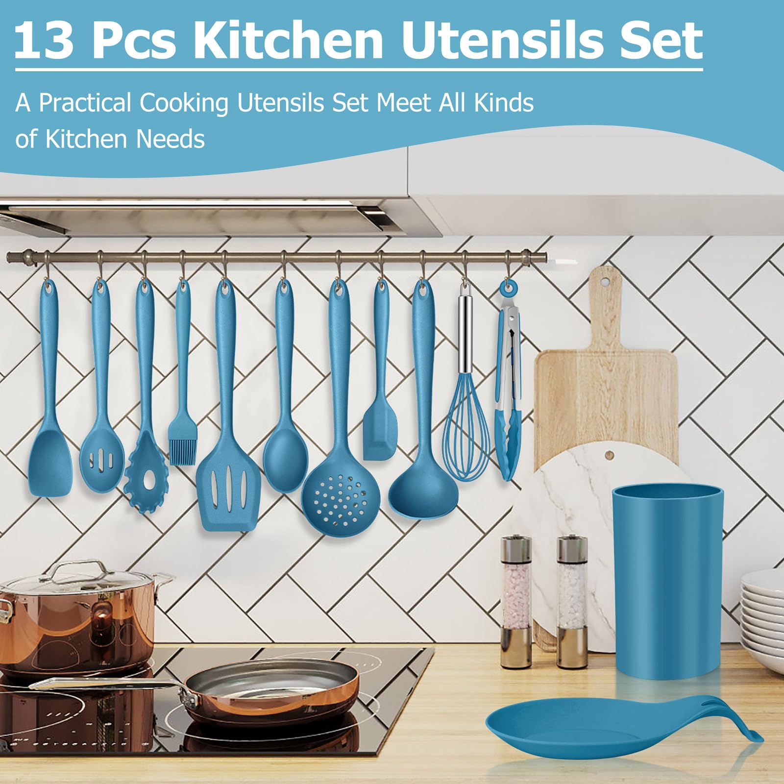 HaWare - Juego de utensilios de cocina de silicona de 13 piezas con soporte, herramientas de cocina que incluyen cuchara espátula giratoria, utensilios de cocina antiadherentes y resistentes al calor,
