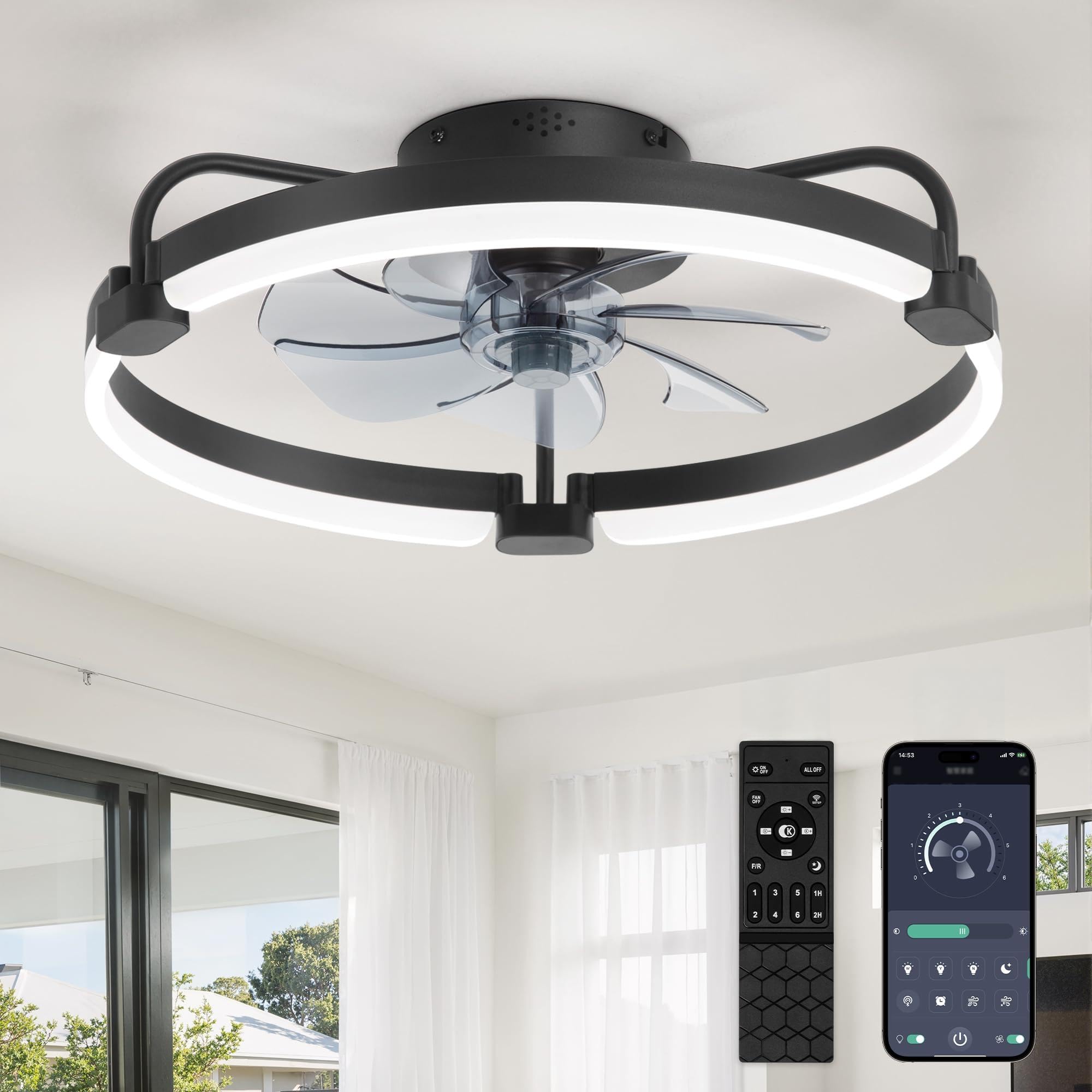 ZMISHIBO Ventilatore da soffitto con luce e telecomando, 52,5 cm, temperatura di colore regolabile 3000-6000K, ventilatore a LED, 6 velocità, ventilatori da soffitto per camera da letto, nero