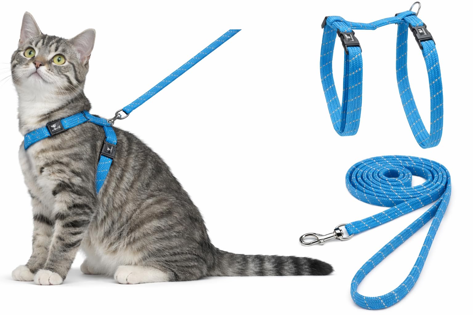 cat harness - Elza blue - 22-32cm - 27-46cm - leash 110cm - adjustable nylon - reflective - with carabiner
