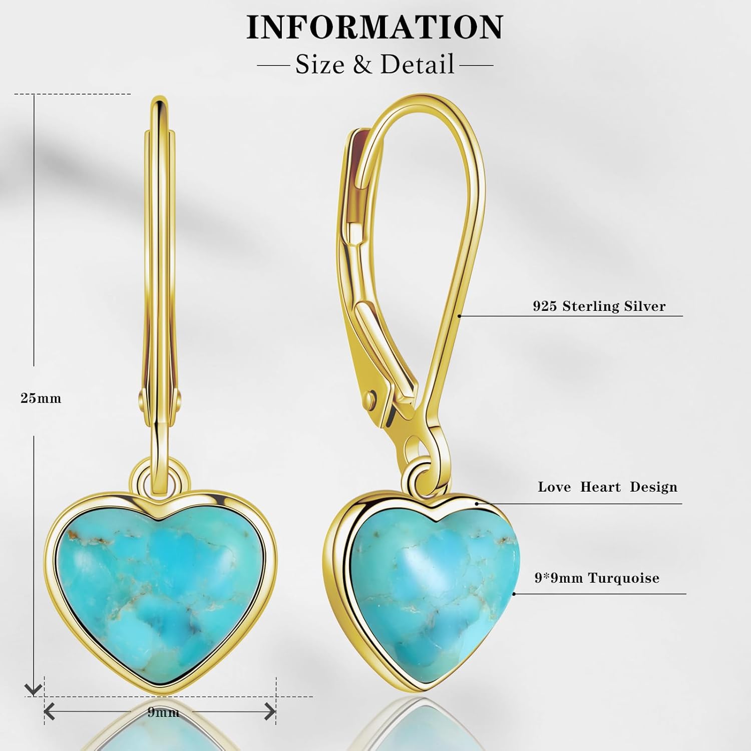 Heart Natural Turquoise Earrings for Women - Top AAA Grade, Hypoallergenic 925 Sterling Silver Leverback Dangle Earrings, Trendy Jewelry Gifts for Her