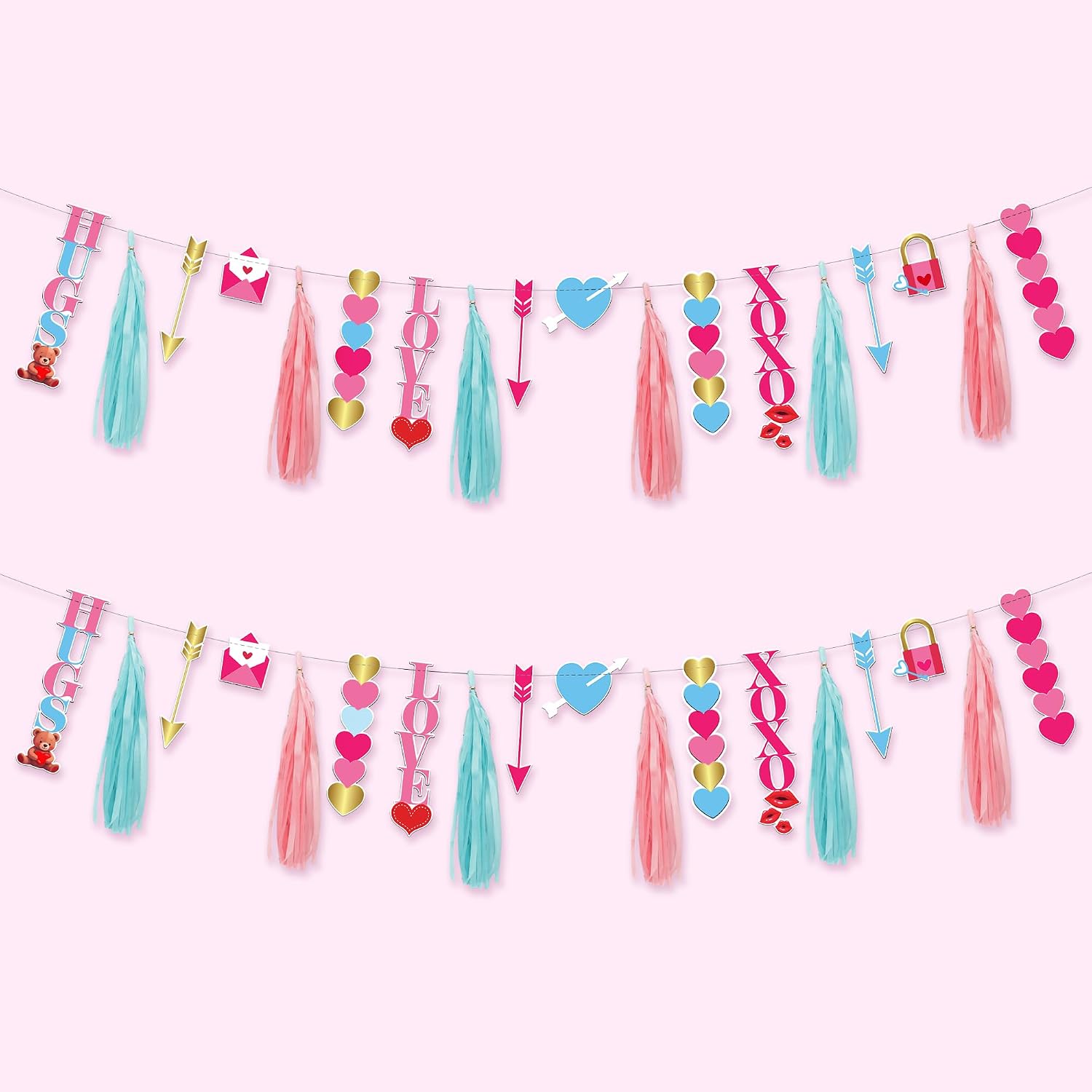KatchOn, Valentines Day Garland with Tassels - 10 Feet, 2 Strings, No DIY | Multicolor Galentine Banner, Valentines Day Decorations | Valentines Day Banner, XOXO Garland, Galentines Day Decorations