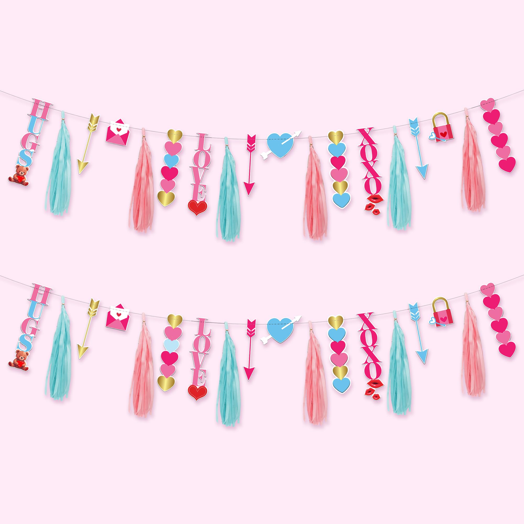 KatchOn, Valentines Day Garland with Tassels - 10 Feet, 2 Strings, No DIY | Multicolor Galentine Banner, Valentines Day Decorations | Valentines Day Banner, XOXO Garland, Galentines Day Decorations