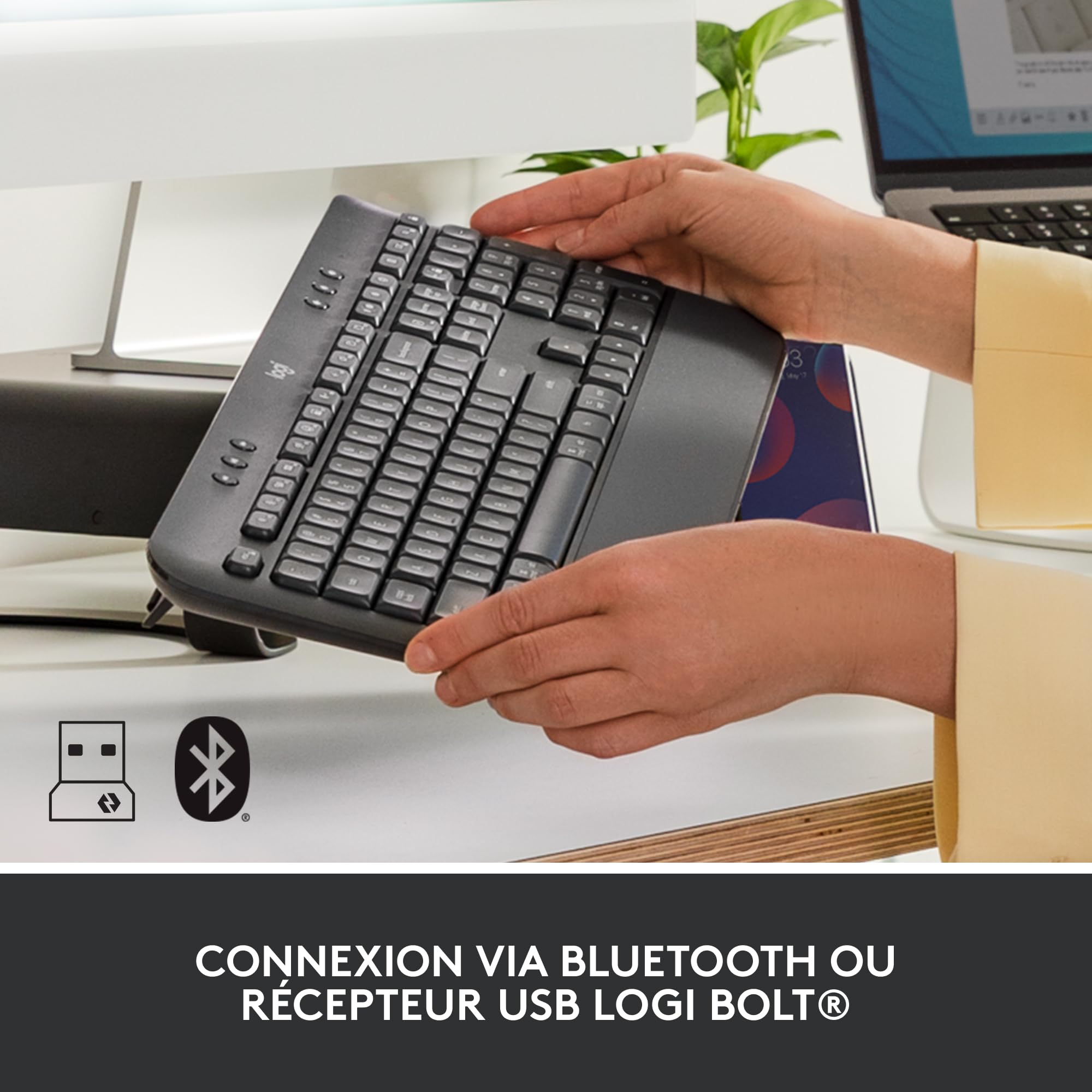 Logitech Signature K650, Clavier sans fil Ergonomique Entier avec Repose-Poignets, BLE Bluetooth, USB Logi Bolt, Touches Silencieuses Pavé Numérique, Compatible PC/Windows/Mac, AZERTY Français - Gris
