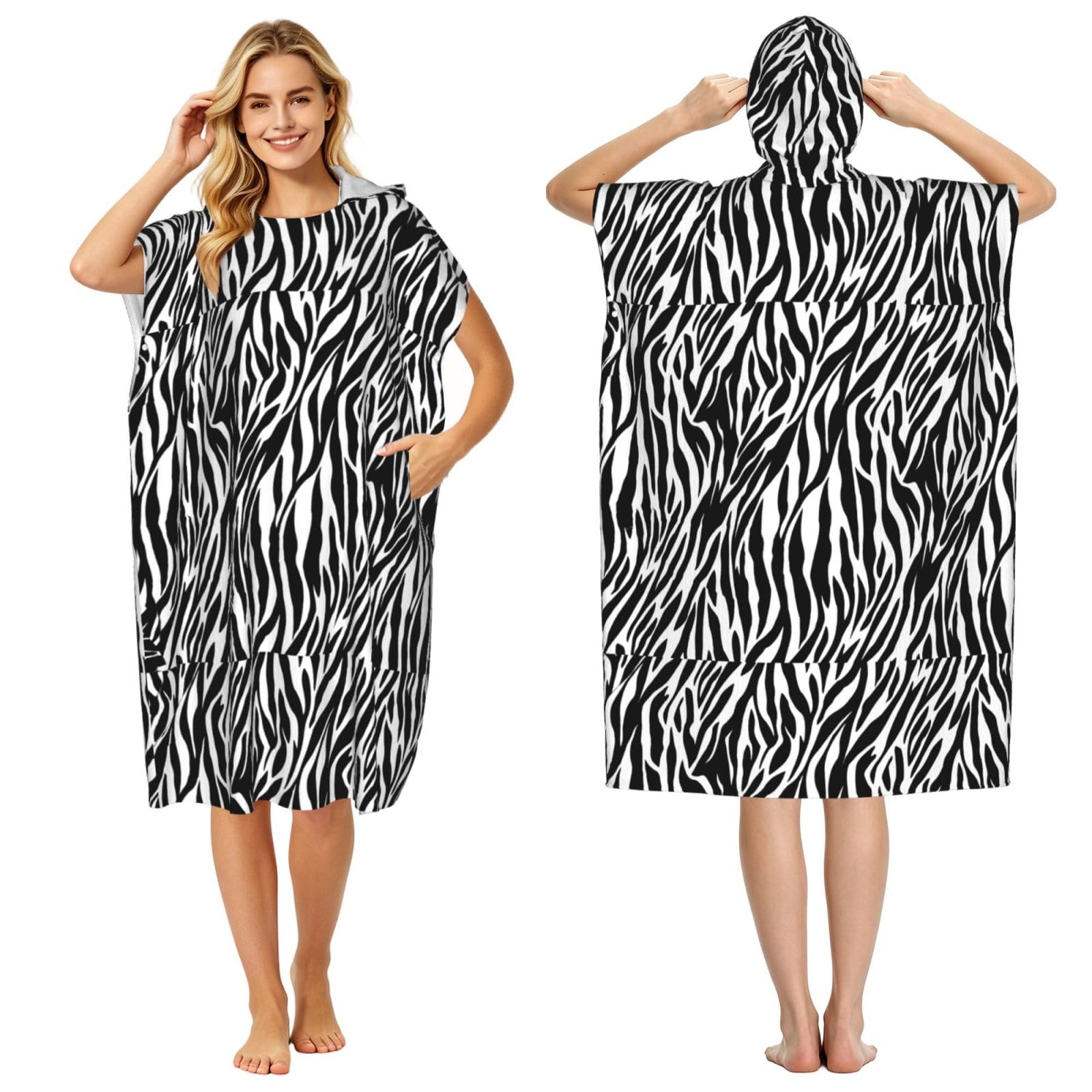 Poadnly Zebra Print, Adult Hooded Beach Towel 90 x 110 cm,Changing Bath Robe, Surf Poncho Towel For Women Men