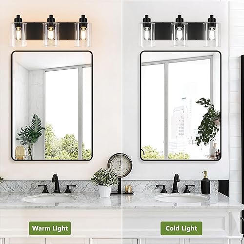 Miniatura 4 de Lámparas de baño, luces de baño de 3 luces negras mate sobre espejo con pantalla de vidrio transparente, apliques de pared para cocina, sala de