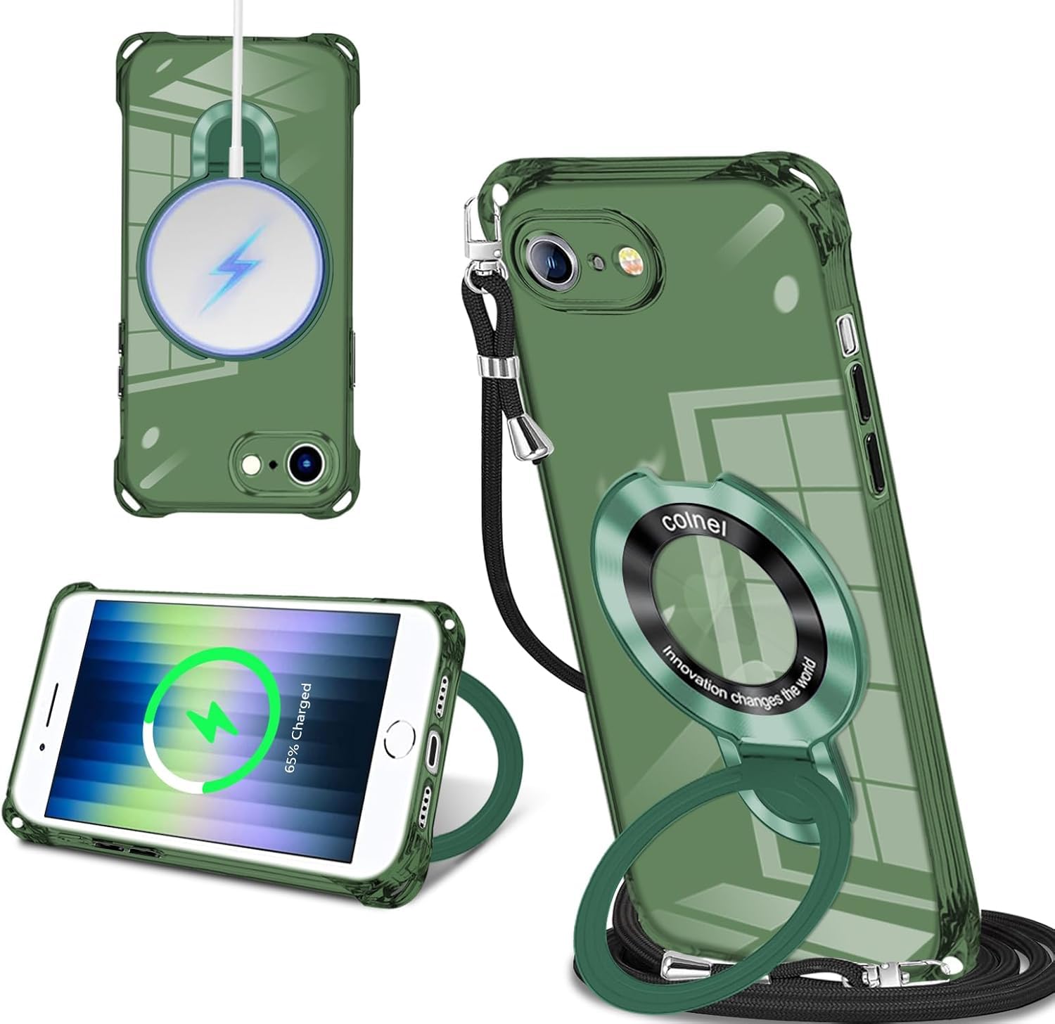 iPhone 16E/iPhone17E ケース クリア MagSafe対応 リング付き ネック ショルダー アイフォン 16e/17e 縄掛けケース 透明 肩掛け 斜めかけ 韓国 可愛い 縄掛け カバー 丸型スタンド付き マグネット搭載 縦横両対応 耐衝撃 ストラップホール付き あいほん se4 スマホケース
