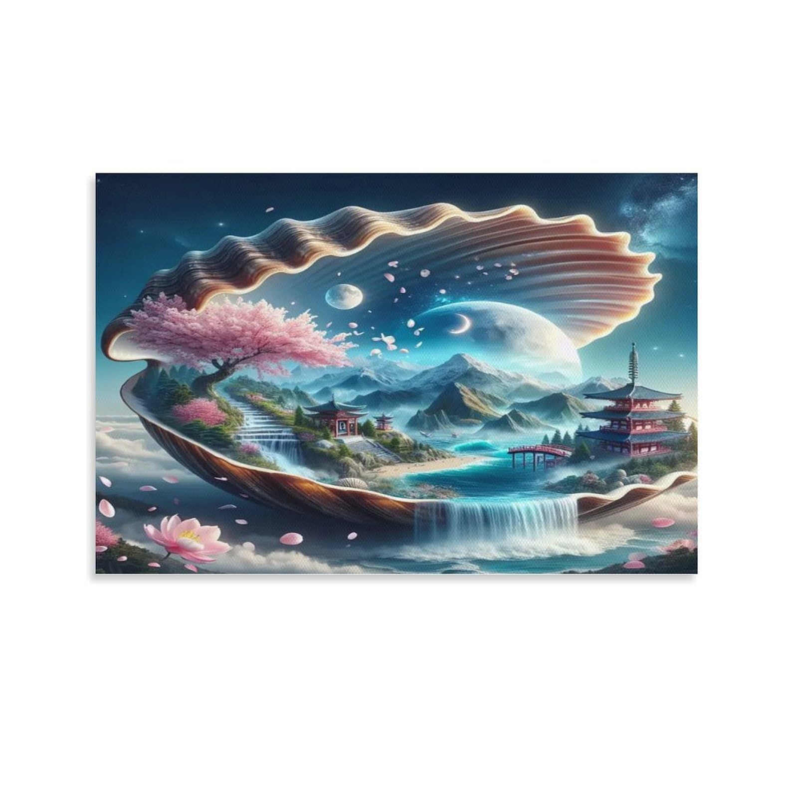 Seashell with Pearl on Beach at Sunset Individual Giant Seashell with Oriental Night Landscape Canvas Artwork - Bedroom Canvas Painting Easy to Clean Space Transformer Decor 20x30inch(50x75cm)
