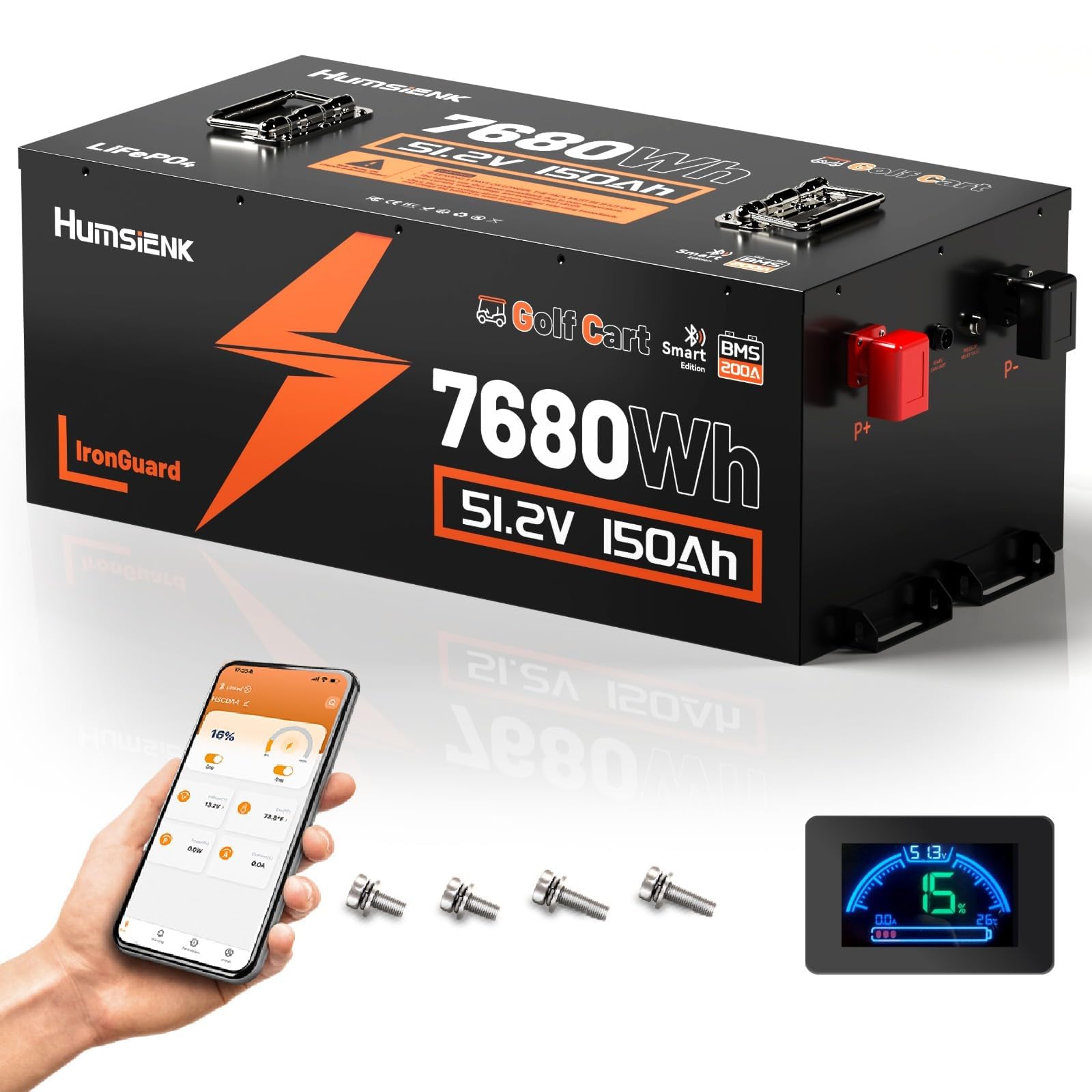 HumsiENK 48V 150Ah Golf Cart Battery, 7.68kWh Extended Range Lithium Battery with 200A BMS, EV Blade Cells, Bluetooth, IronGuard Casing, 60+ Mile Power for Lifted Carts, EZGO, Club Car