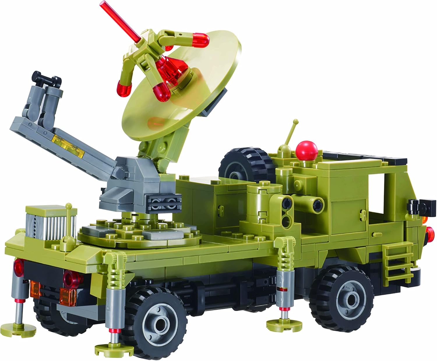 Assembled W WISE BLOCK Military Radar Truck from a rear-side angle, showing radar deployed