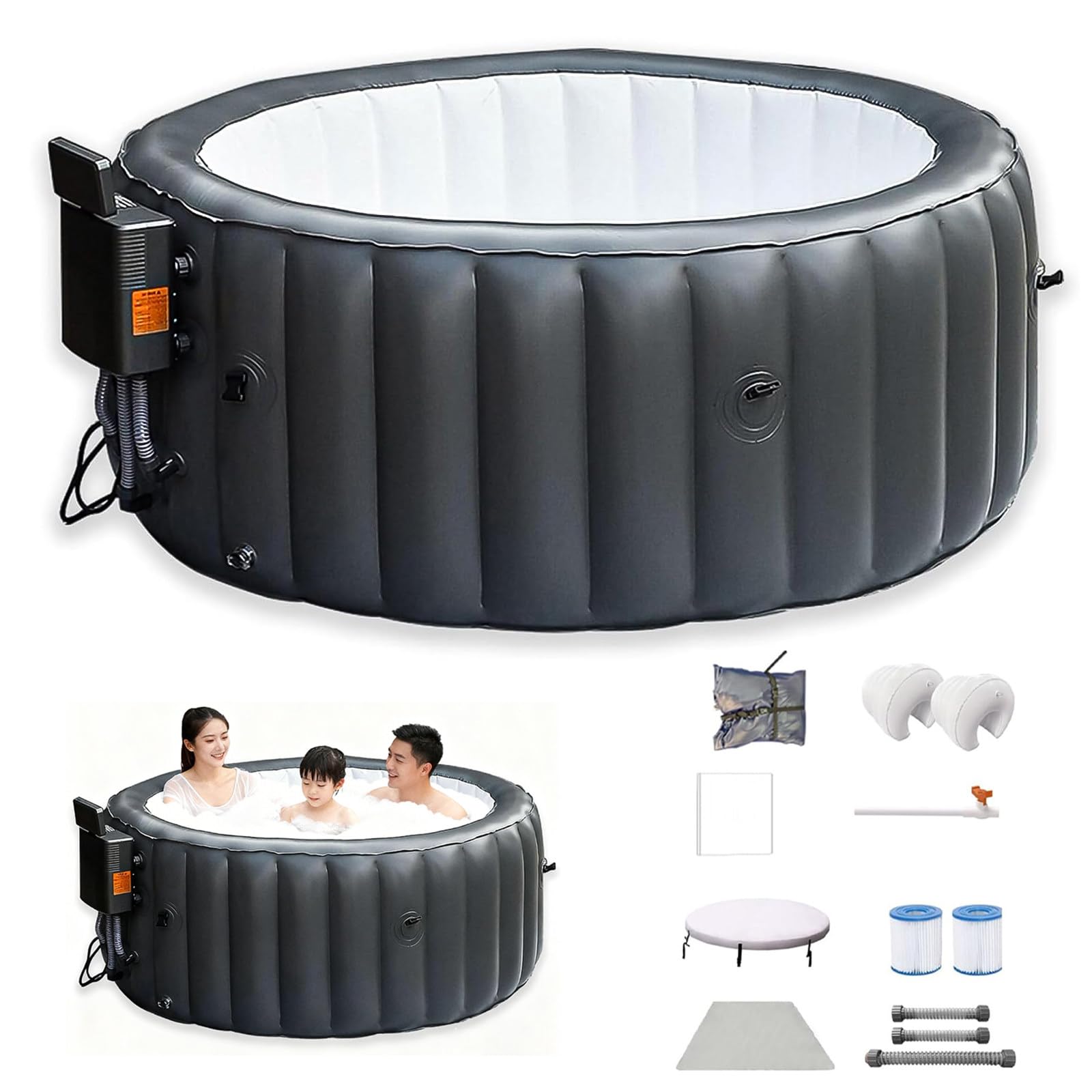 Jacuzzi Gonfiabile, Vasca Idromassaggio Gonfiabile, con 150 Getti d'Aria, Spa Portatile da Esterno, Pompa di Riscaldamento, Cartucce Filtranti, Copertura Isolante, Telo da Terra