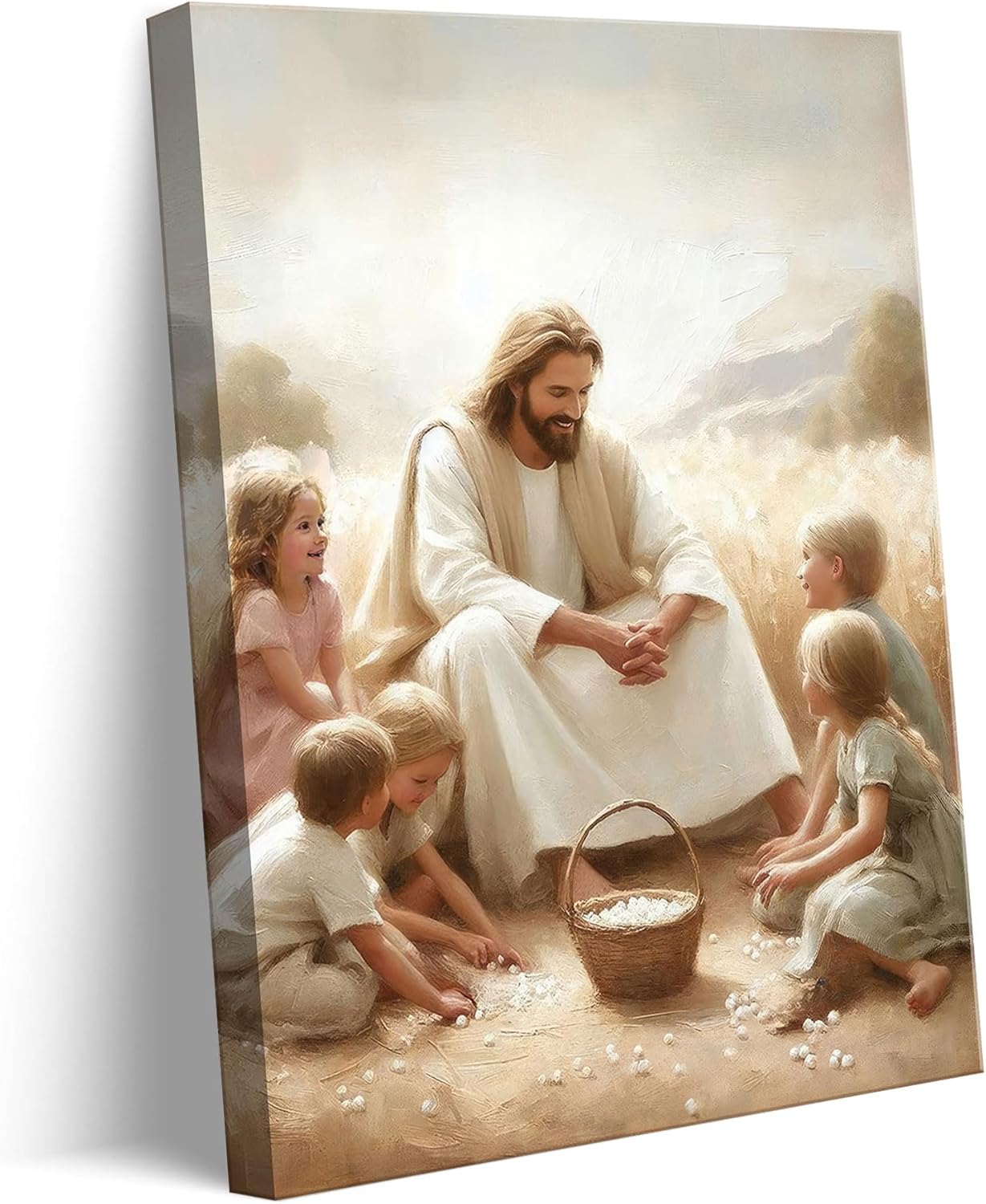 Jesus With Kids Canvas Wall Art Jesus Taught the Children Wall Decor Picture Christian Faith Poster Print for Kids Room Bedroom Prayer Room Church Paintings Artwork Home Decorations Canvas 12x16in