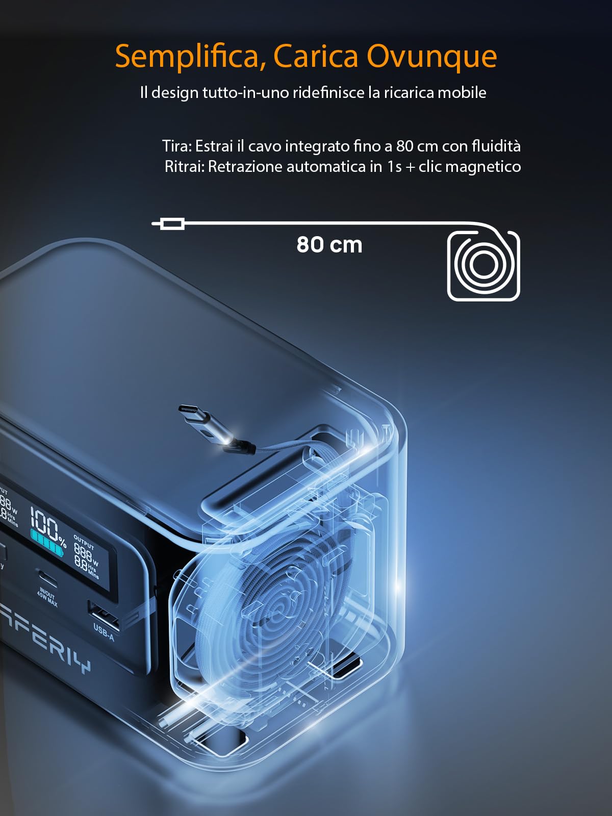 AFERIY Generatore Elettrico Portatile Da 100 W, 99,2 Wh/31000 mAh, Doppia Ricarica Rapida USB-C PD3.0, Ricarica Solare, Protezione Di Sicurezza 6 In 1, Ideale Per Viaggi, Campeggio Ed Emergenze, Nero